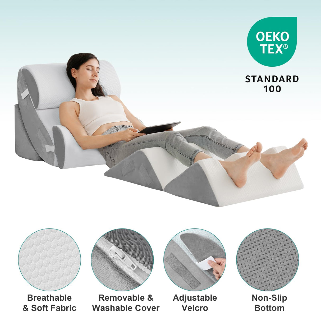 Hansleep 6PCS Orthopedic Bed Wedge Pillow for Sleeping, Adjustable Post Surgery Pillow Set for Body, Back and Leg Pain Relief, Memory Foam Support Pillows for After Surgery, White