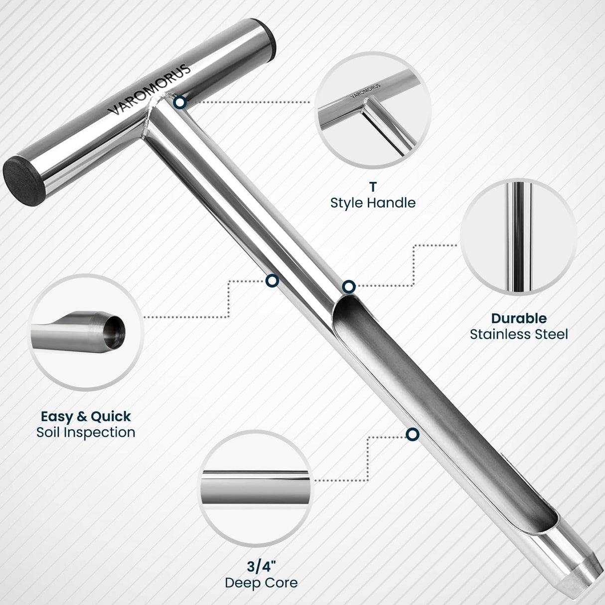 Varomorus Soil Sampler Probe Stainless Steel Tubular T-Style Handle. (12 inch)
