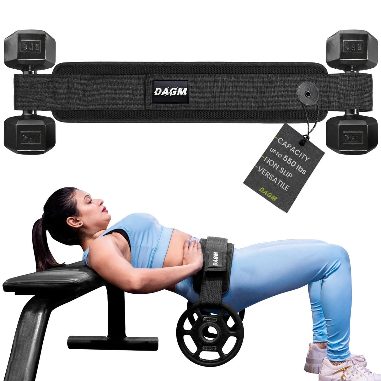 DAGM Hip Thrust Belt for Dumbbells heavy, Secure Glute Trainer with Non-Slip Extra Padding That Protects Your Hips - Ideal for Gym & Home Workouts - Use with Heavy Duty Kettlebells, Dumbbells, & Plates Hold up to 500 lbs