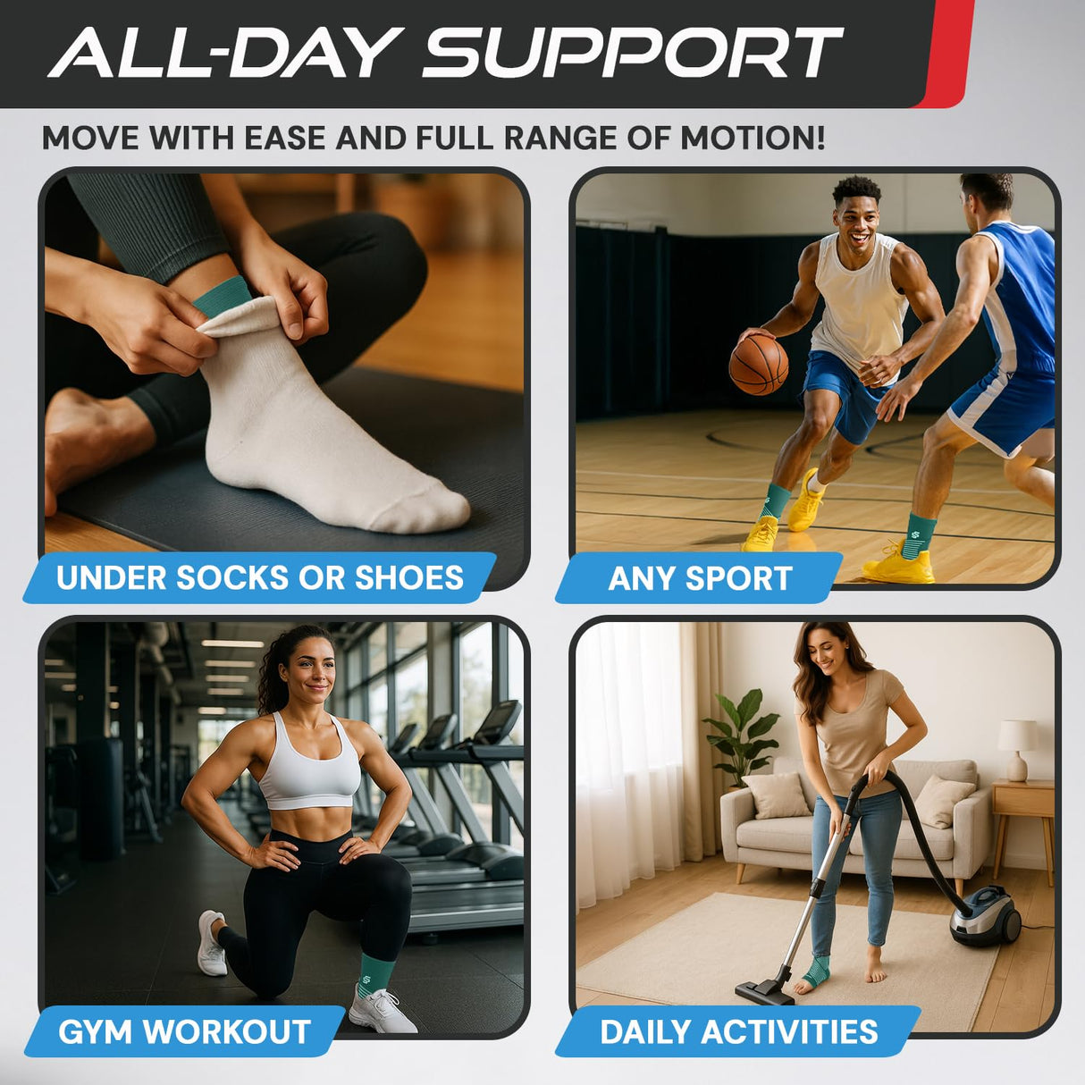 Sleeve Stars Ankle Brace for Women & Men, Ankle Wrap for Sprain, Compression Sleeve for Plantar Fasciitis Relief, Easy Customizable Support: w/ Removable Strap (Single/M:10"-12"/Turquoise)