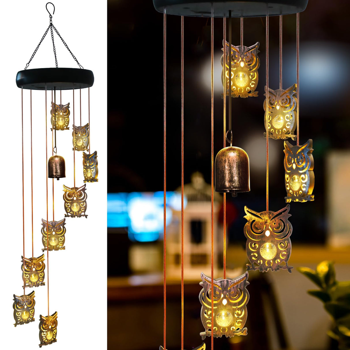 8 LED Solar Upgrade Owl Wind Chimes Outdoor,Mom Gifts for Mothers Day Grandma Wife Gift Solar Owl Wind Chimes for Outside,Hanging Lights Warm LED,Outdoor Owl Decor Christmas