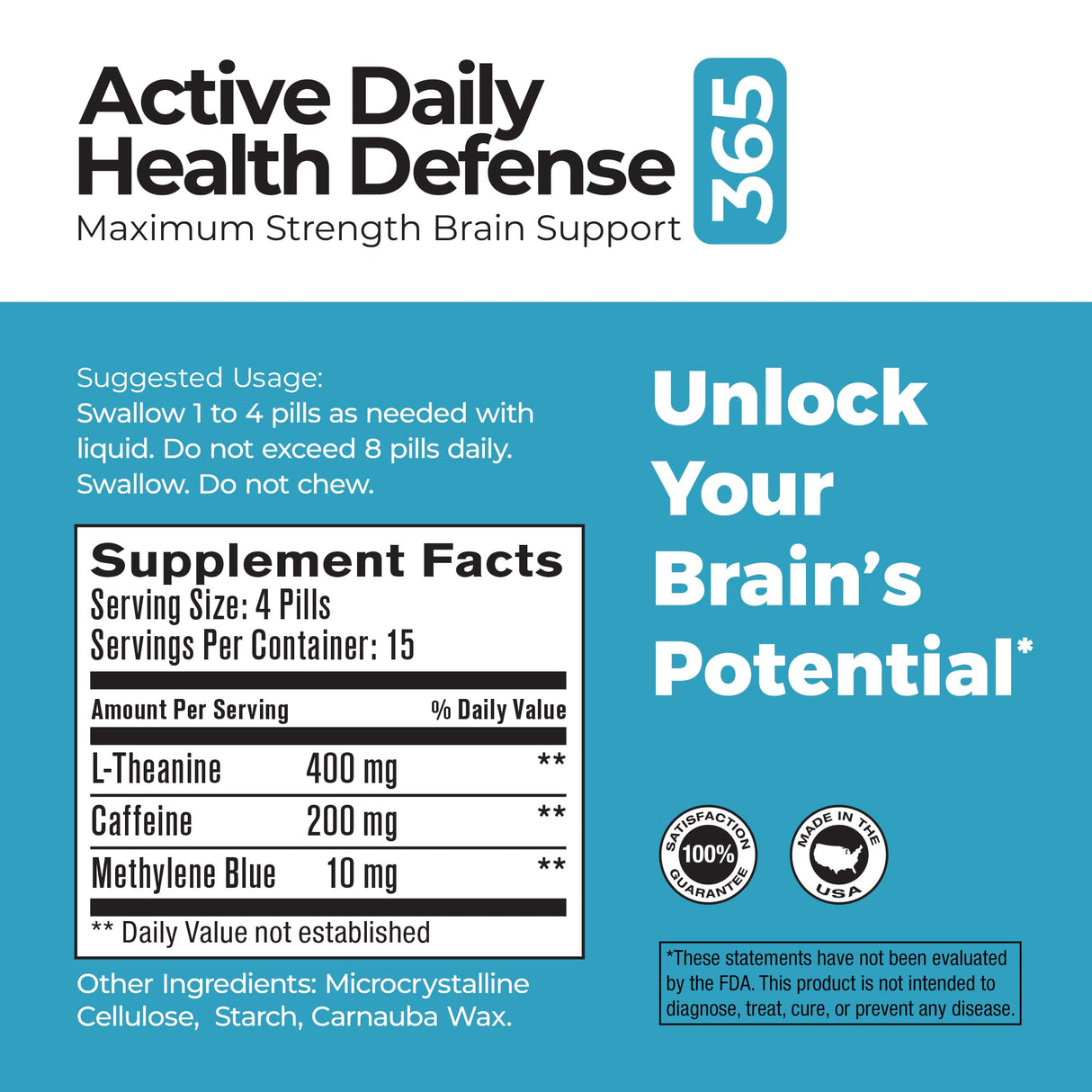 Best 365 Labs Maximum Strength Brain Support - Methylene Blue, Caffeine, and L-Theanine - Improve Focus and Memory - Unlock Your Brain’s Potential - 60 Tablets