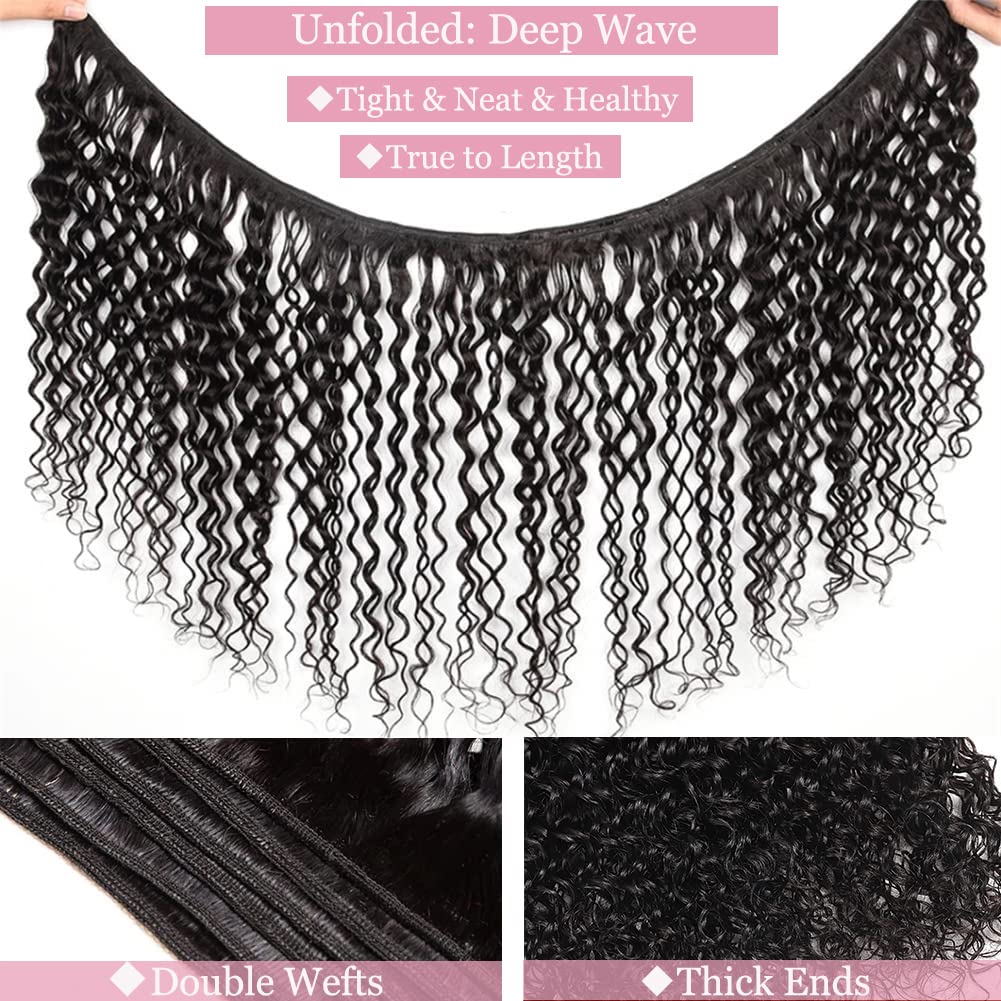 Deep Wave Human Hair Bundles 18 20 22 Inch Water Wave Bundles 12A Brazilian 100% Unprocessed Virgin Human Hair Wet and Wavy Bundles Double Weft Deep Curly Weave 3 Bundles Natural Black