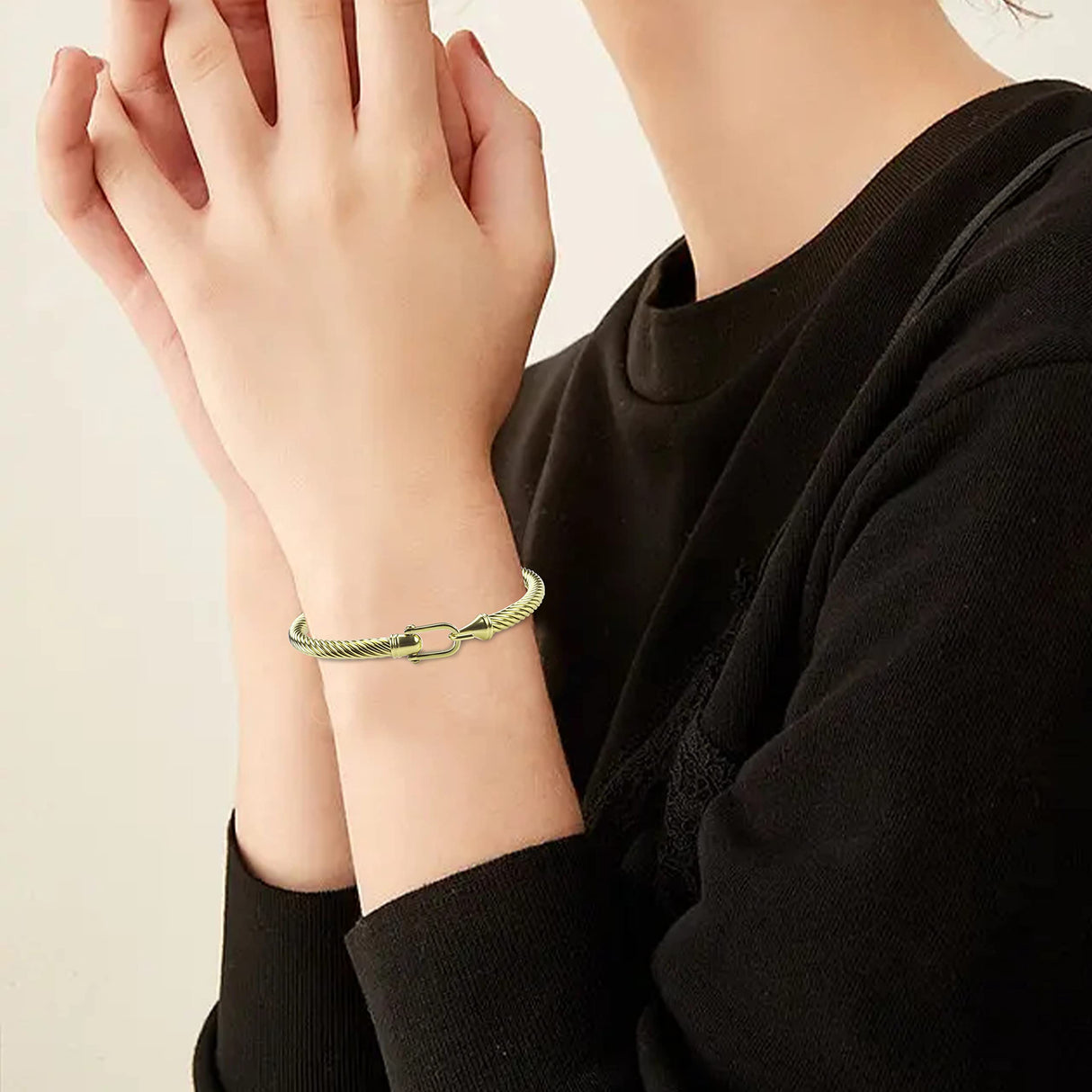 HX SHARE Twisted Cable Bracelet Stylish Fine Stainless Steel Cable Cuff Bracelet with Hook Clasp Bracelets Jewelry for Women 18K Gold (7.6")
