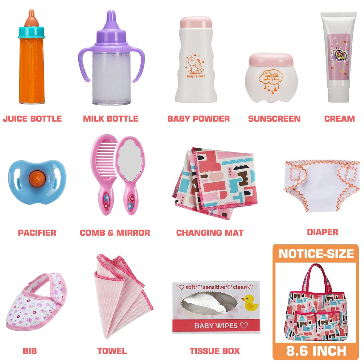 14 Pack Baby Doll Accessories, Baby Doll Feeding and Caring Set Includes Diaper Bag, Doll Diapers, Magic Bottle, Changing Mat for Girl Toddler Kid, Babies Pretend Play Set for Birthday Gift Christmas