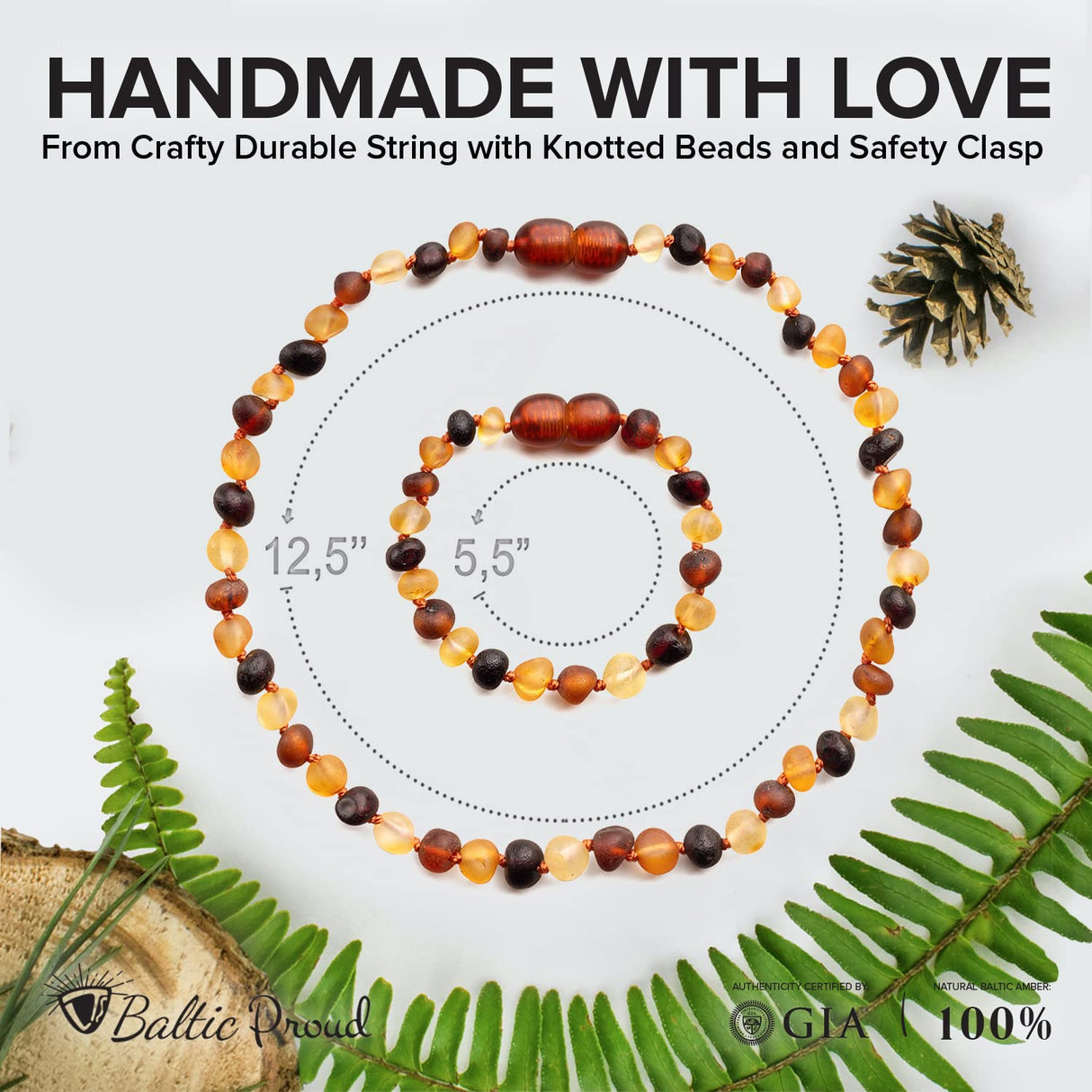 Baltic Amber Necklace & Bracelet Gift Set (Unisex Raw Multi 12.5"/5.5")