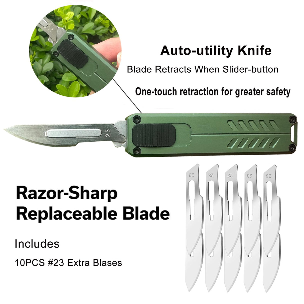 Caressolove Automatic Utility Knife, Safety Auto Box Cutter Retractable, EDC Push Button Exacto Scalpel Knife, 10PCS #23 Razor Blades Pocket Knives with Clip