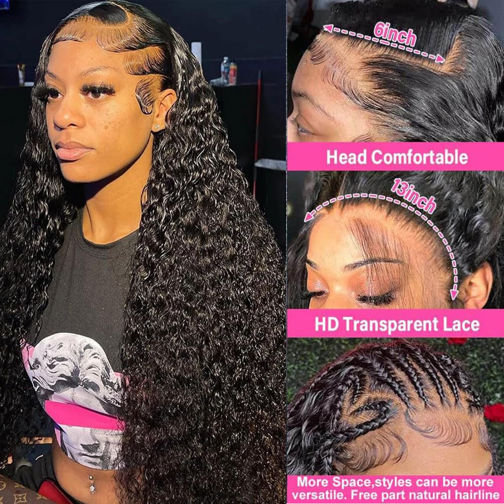 Kdmidun 28 Inch 13x6 Deep Wave Lace Front Wigs Human Hair Pre Plucked 200% Density 13x6 HD Transparent Lace Frontal Curly Wigs Human Hair Glueless Deep Curly Human Hair Wigs For Women Natural Black