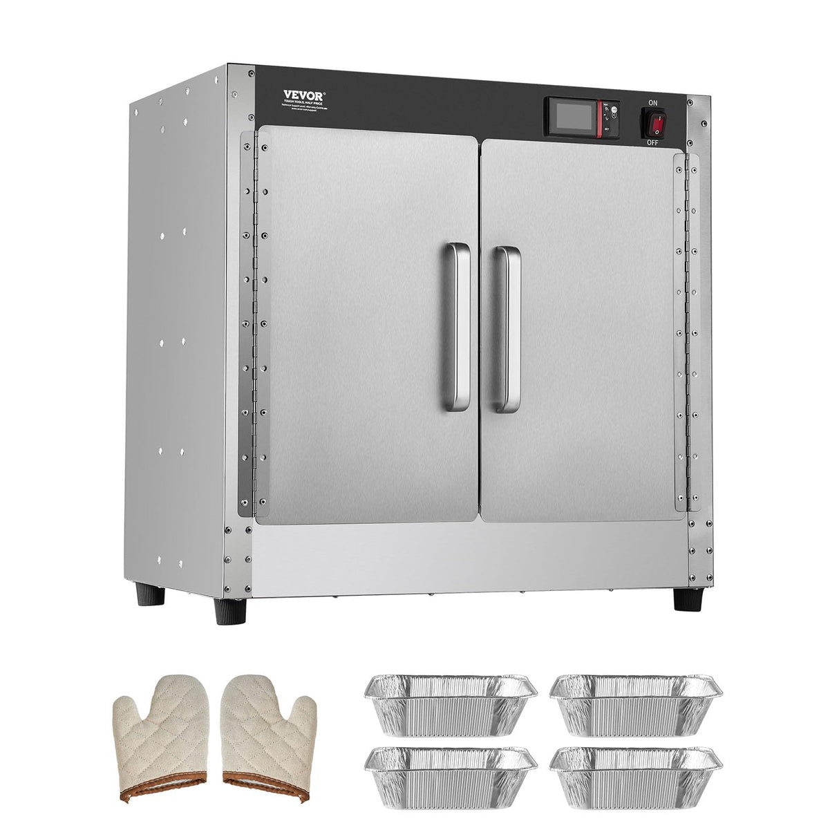 VEVOR Hot Box Food Warmer, 4-Tier Concession Warmer with Water Tray, 4 Pans, Double-Door and Adjustable Shelves, Stainless Steel Food Warmer Cabinet, Ideal for Storing Pizza, Chicken, Restaurant