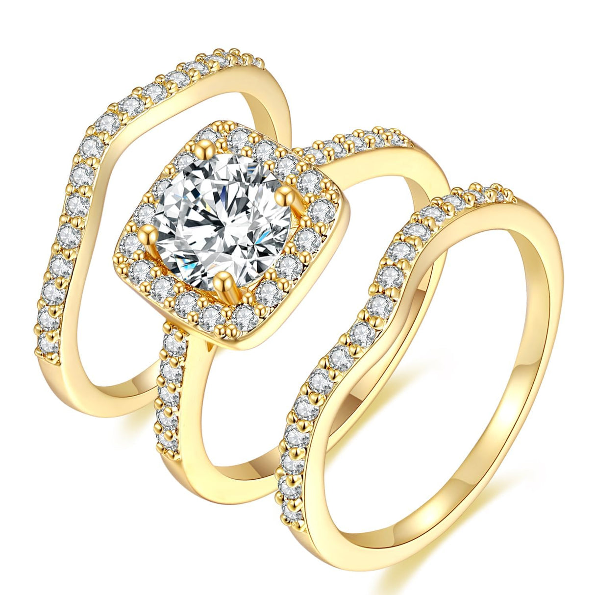 MDFUN18K Yellow Gold Plated Cubic Zirconia Three-in-One Halo Wedding Engagement Promise Eternity Ring for Women (7)