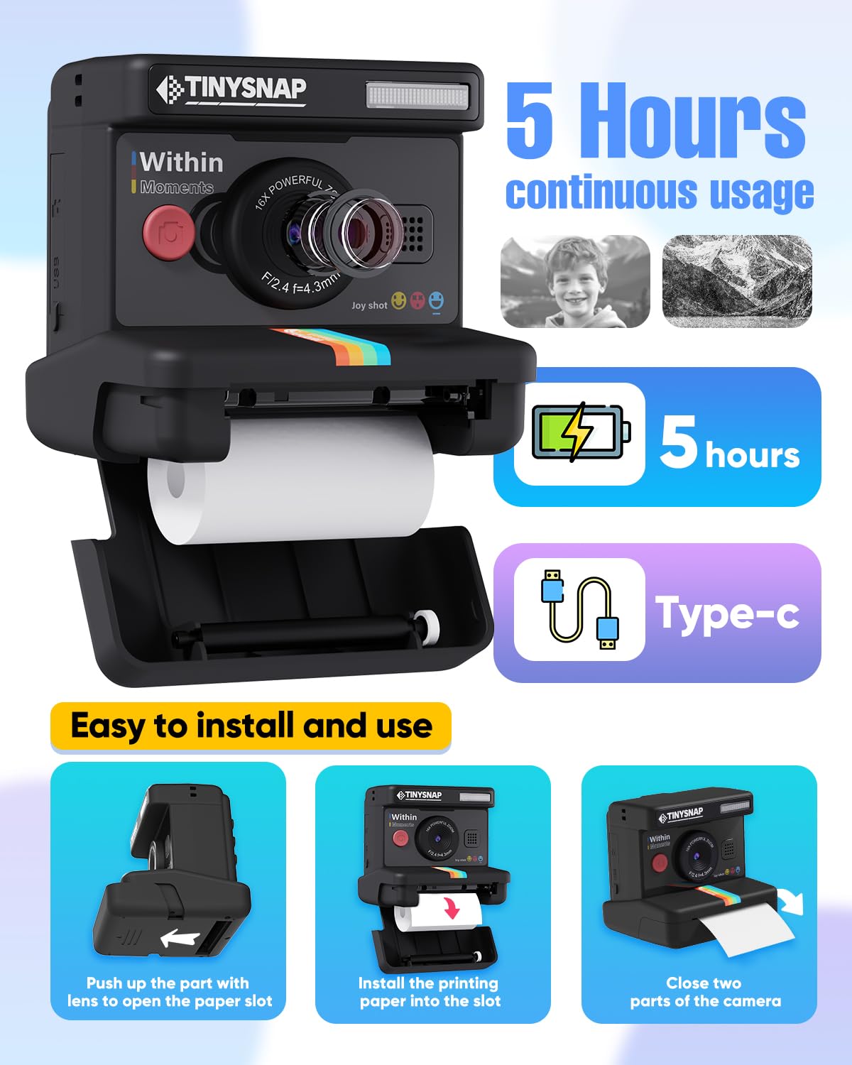 Eveedo Instant Print Camera for Kids,Dual Len Kids Cameras with 2.4 Inch Screen, Christmas Birthday Gifts for Girls Age 3-12, Portable Toddler Toy for 3 4 5 6 7 8 9 10 Year Old Girls Boys (Black)