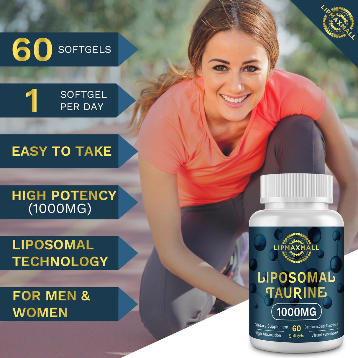 lipmaxmall Liposomal Taurine Supplement 1000mg, High Absorption Amino Acid for Heart, Nerve, Brain, Visual (60 Softgels - 2 Pack)