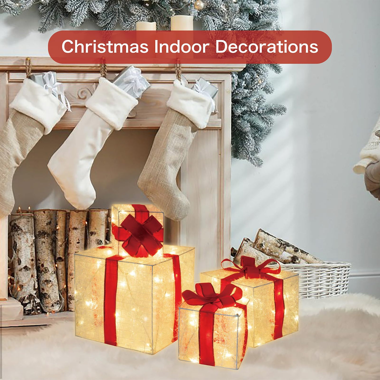 SANHSEHOME Set of 4 Christmas Lighted Gift Boxes, 3.3FT 70 LED Stackable Light Up Present Boxes for Christmas Decorations Indoor Outdoor Yard Lawn Porch Home Decor(4 Piece Set)