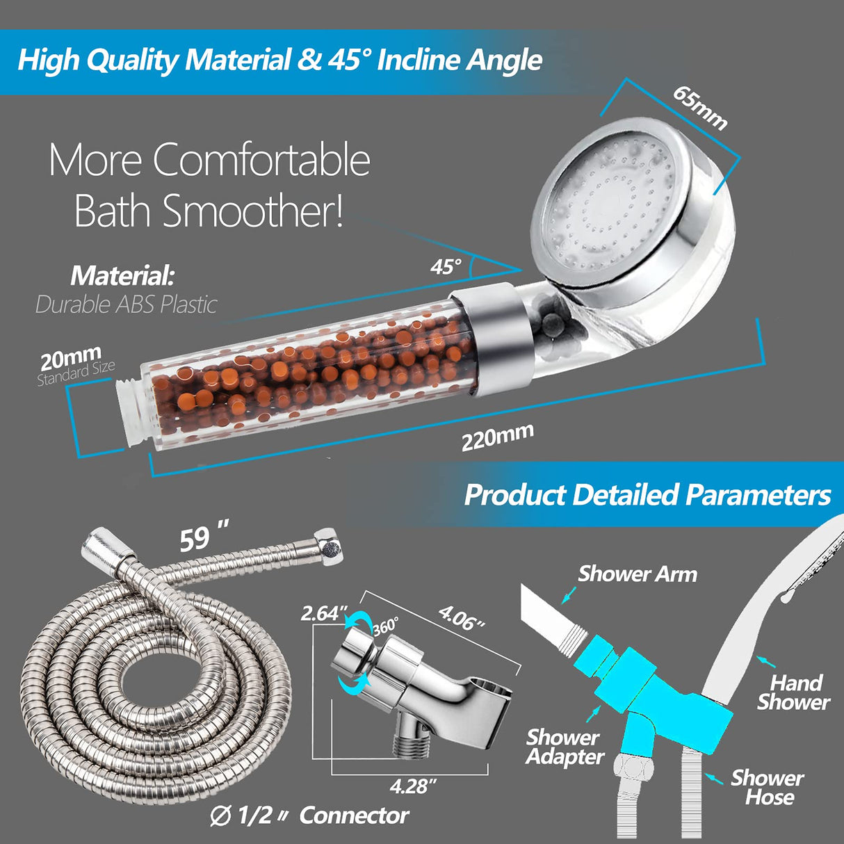 FASTRAS LED Shower Head with Handheld, High Pressure Shower Head with Hose, Holder & PTFE Tape etc, 3 Water Temperature-Controlled Water Saving Filtered Shower Head for Dry Hair& Skin