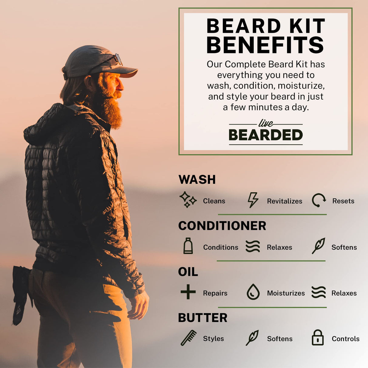 Live Bearded Complete Beard Grooming Kit - Wash, Conditioner, Butter and Oil - Made in the USA with All-Natural Ingredients - Mens Groom Set | Legend Scent - Sandalwood, Vanilla