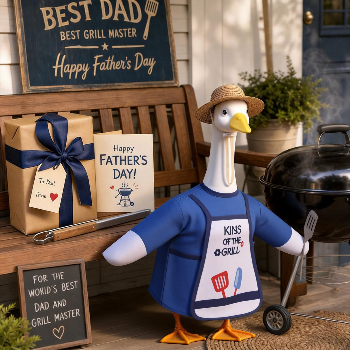 Pextian BBQ Porch Goose Outfits, 23 Inch Porch Goose Summer Outfit, Funny Duck Clothes with Straw Hat, Apron & Spatula -Goose Clothes for Cement Goose Outdoor Garden Yard Decor