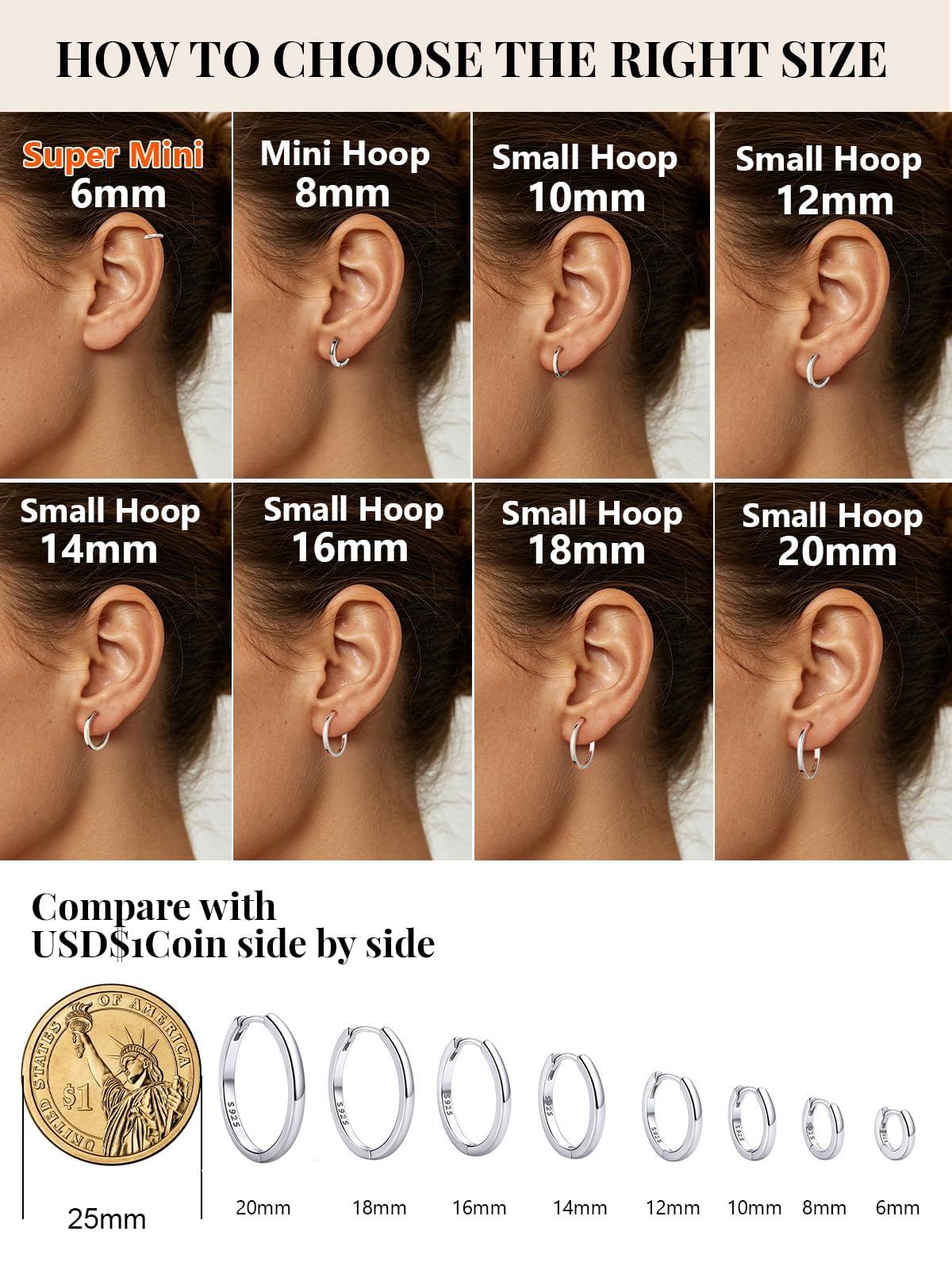 Silvora Sterling Silver Hoop Earrings for Women, 8mm Small Silver Hoops Huggie Earrings Lightweight Cartilage Earring for Sensitive Ears