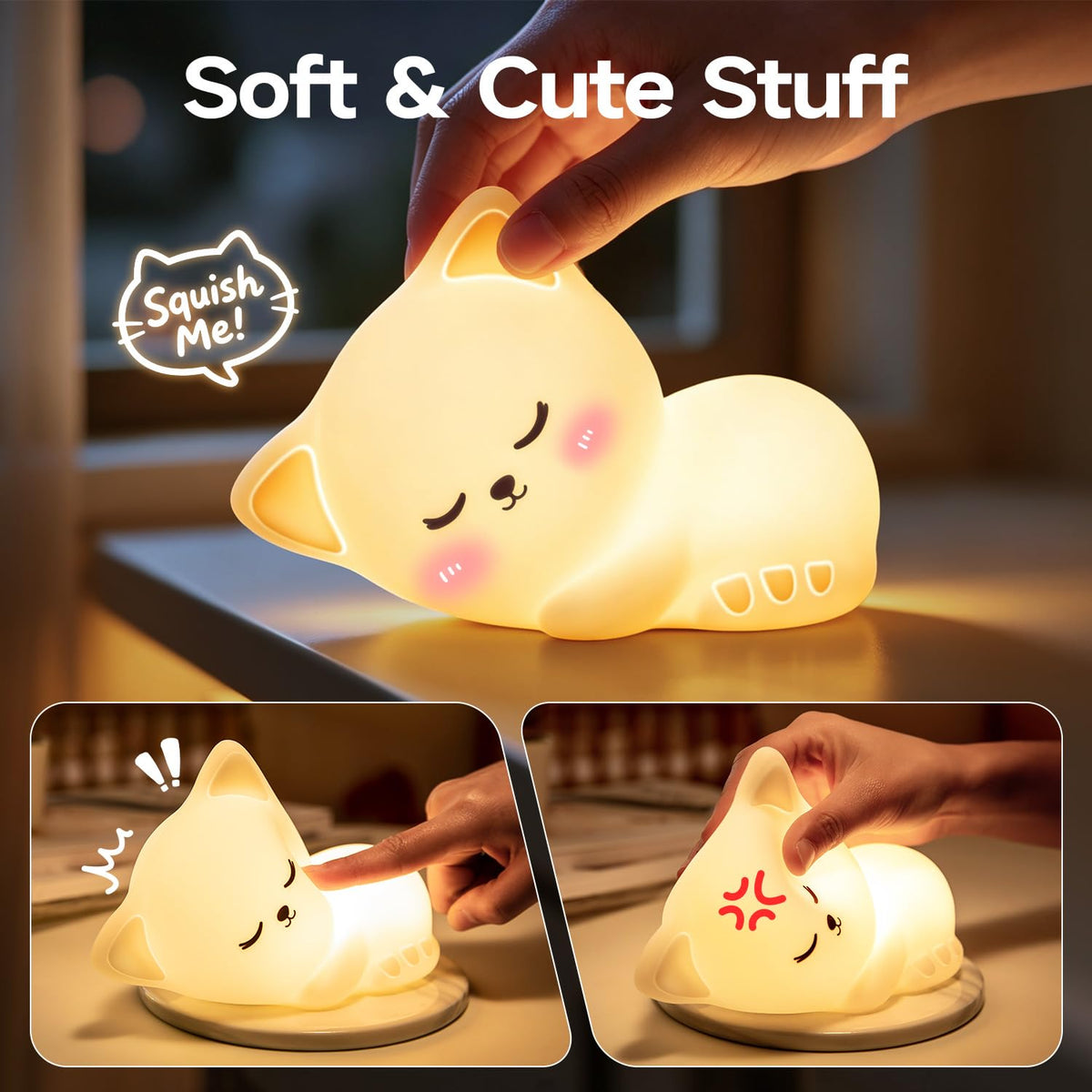 Mubarek Sleepy Cute Cat Gifts - 16-Color Silicone Night Light with Remote