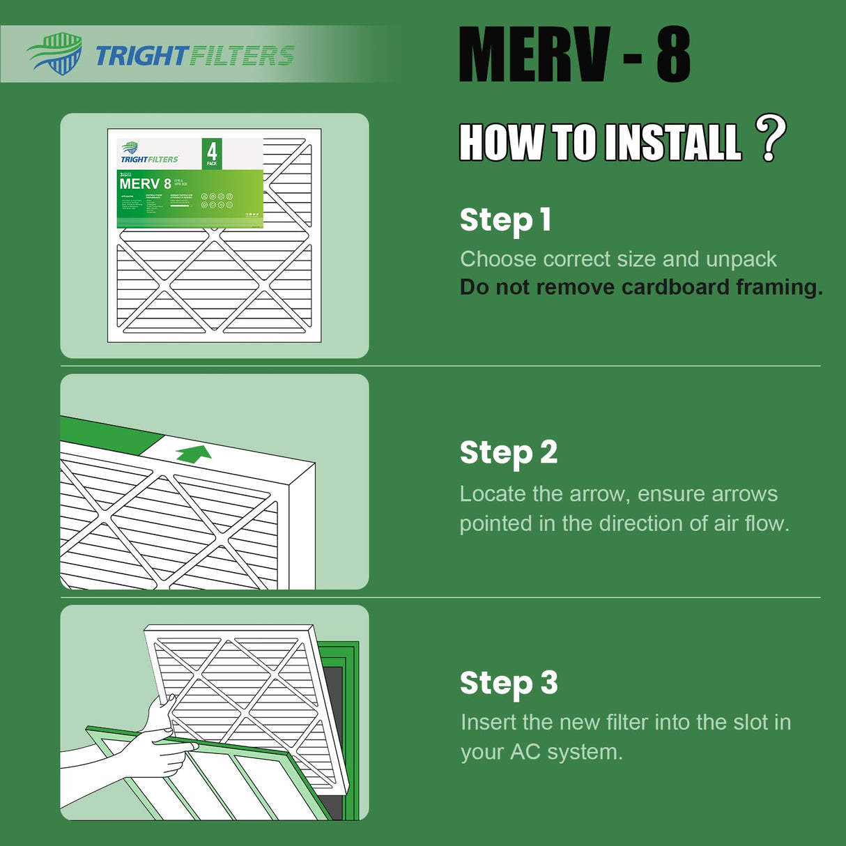 TRIGHTFILTERS 12x24x1 Air Filter 4 Pack, MERV 8 Pleated Dust Defense Air Filters Replacement Air Conditioner HVAC AC Furnace Filter, Durable and Lightweight
