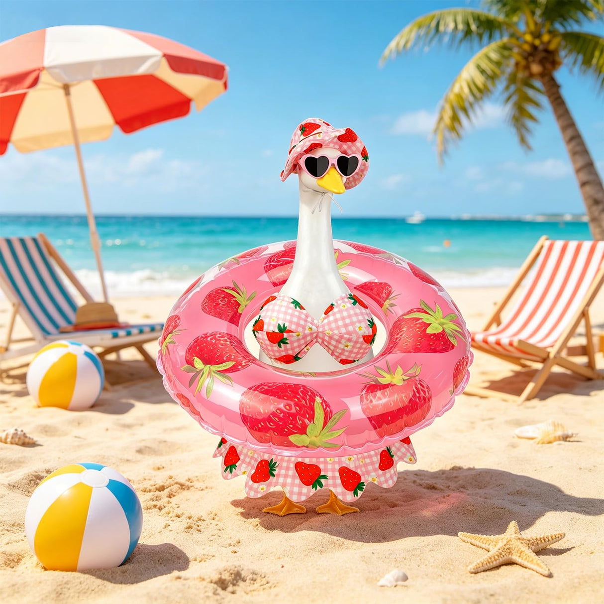 Lixintray Hawaiian Porch Goose Outfits Summer Bikini Goose Outfit with Sunglasses & Swim Ring, Strawberry Goose Costume Fits 23 Inch Cement Yard Plastic Statues, Outdoor Garden Patio Decor
