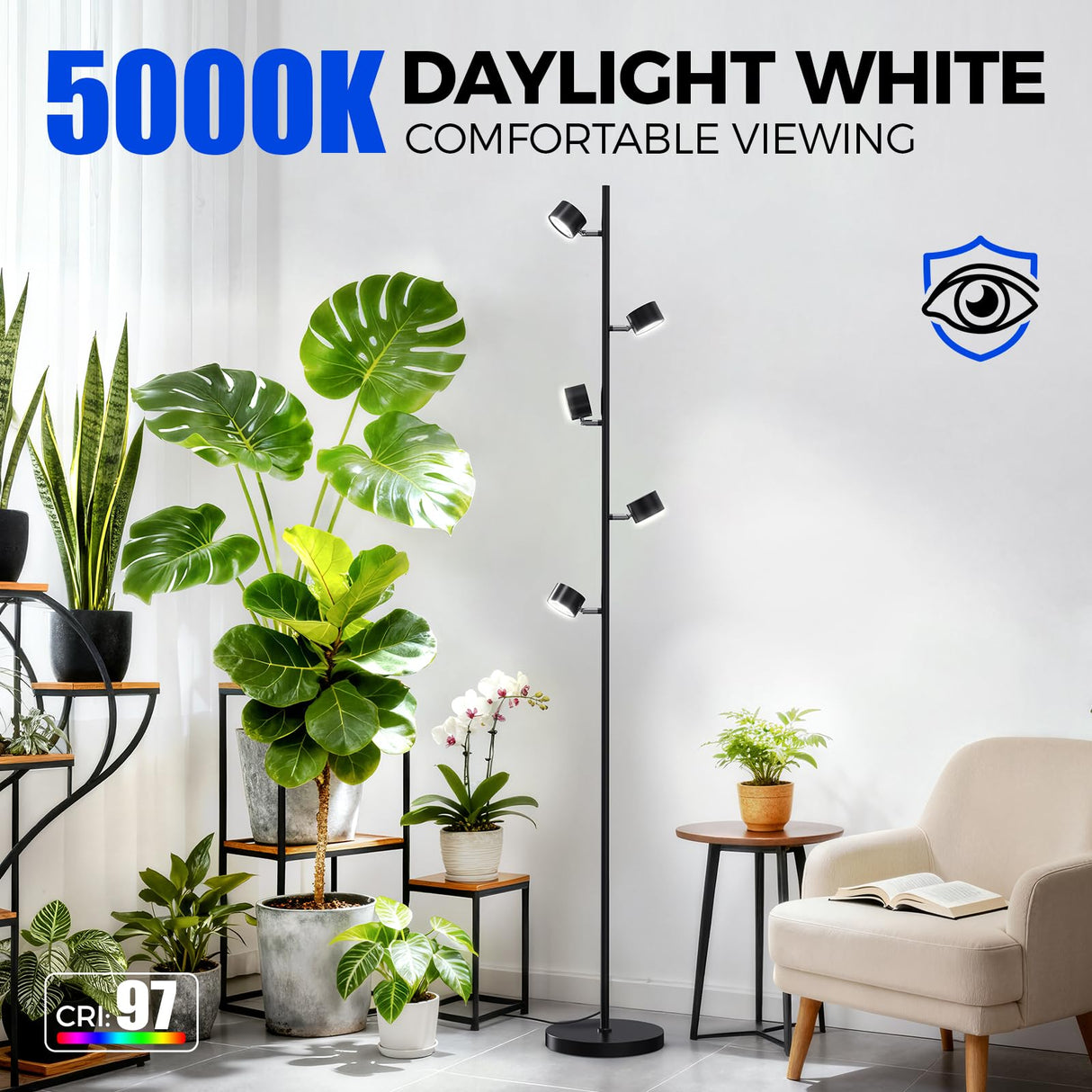 Barrina T1X5 Floor Grow Lights for Indoor Plants, 50W, 5000K, Full Spectrum, Adjustable 5 Heads, High PPFD, 6FT with Foot Switch, Vertical Plant Lights for Growing, Standing Grow Lights for Tall Plant