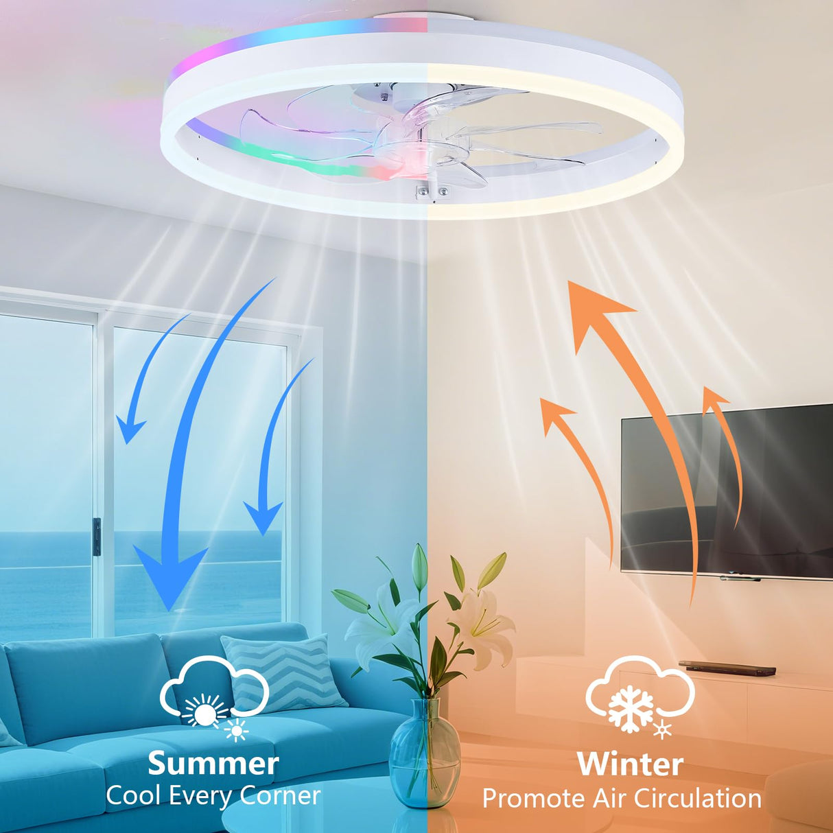 STERREN RGB Ceiling Fans with Lights, 20'' Smart LED Ceiling Fan with Remote/APP Control, Modern Low Profile Bladeless Chandelier Fan, Dimmable White Fandelier for Bedroom, Living Room, Kitchen