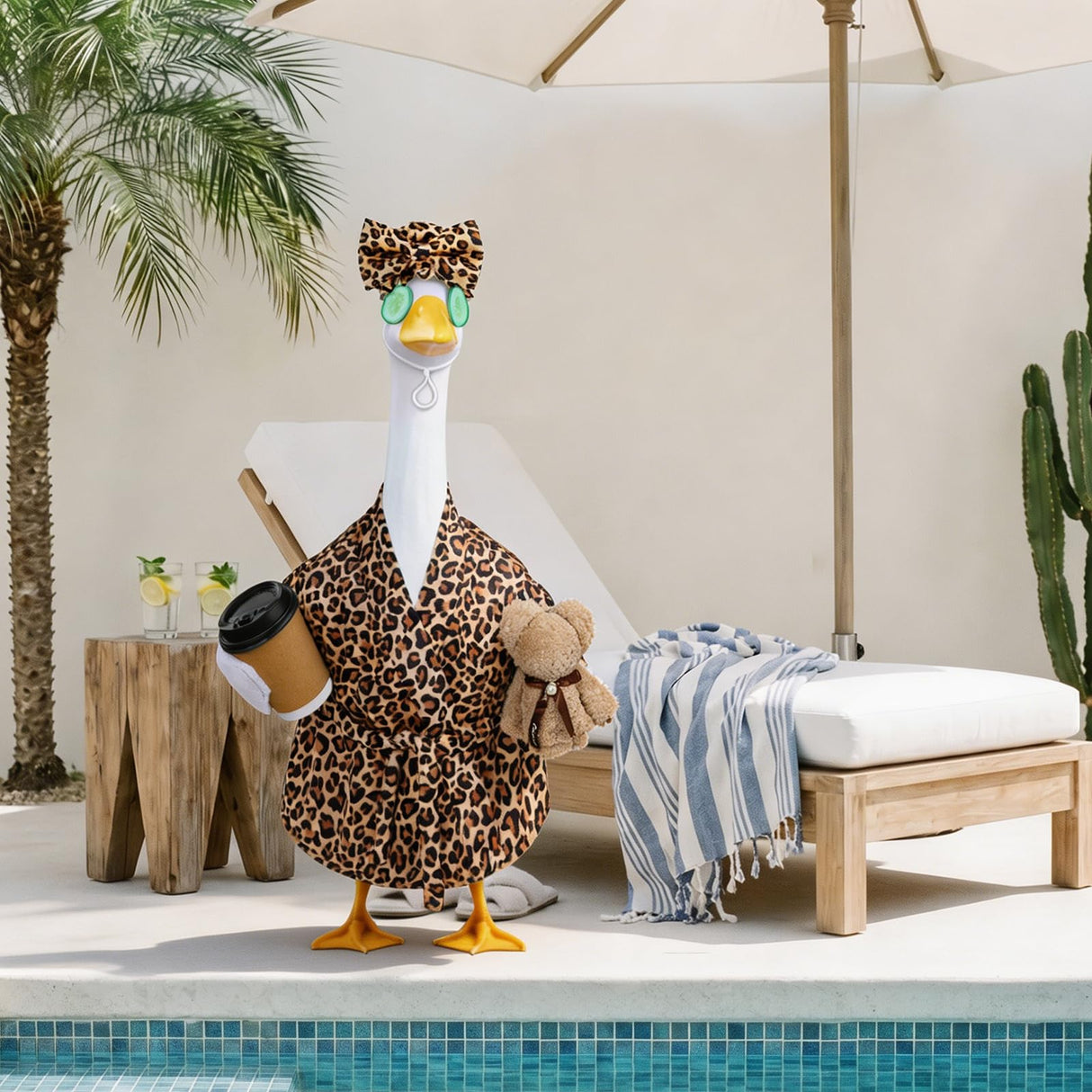 Celltestria Lady Goose Outfits for 23" Geese Bathrobe Brown Leopard Porch Goose Costume Coffee Cup Bear Cucumber Eye Mask Goose Clothes for Outdoor Patio Yard Lawn Garden Decoration