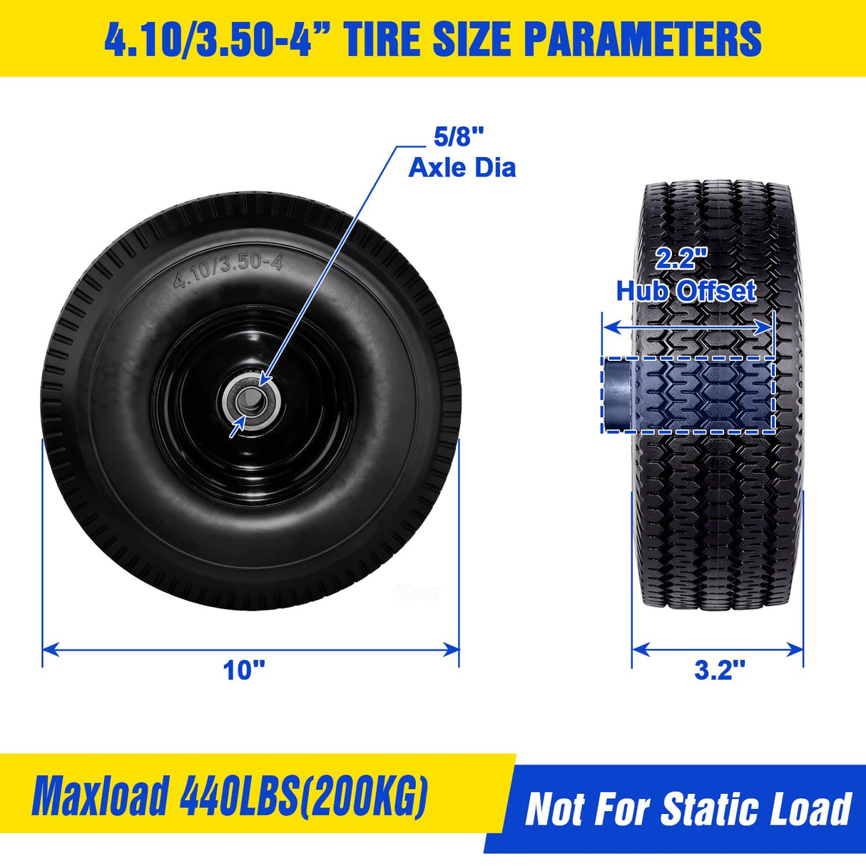 FEILOONG 4.10/3.50-4 Flat Free Tire, 10 Inch Solid Tires and Wheels Replacement with 5/8'' Bearings, 2.2" Offset Hub for Hand Truck, Dolly, Wheelbarrow, Includes Adapter Kit (2 PACK)