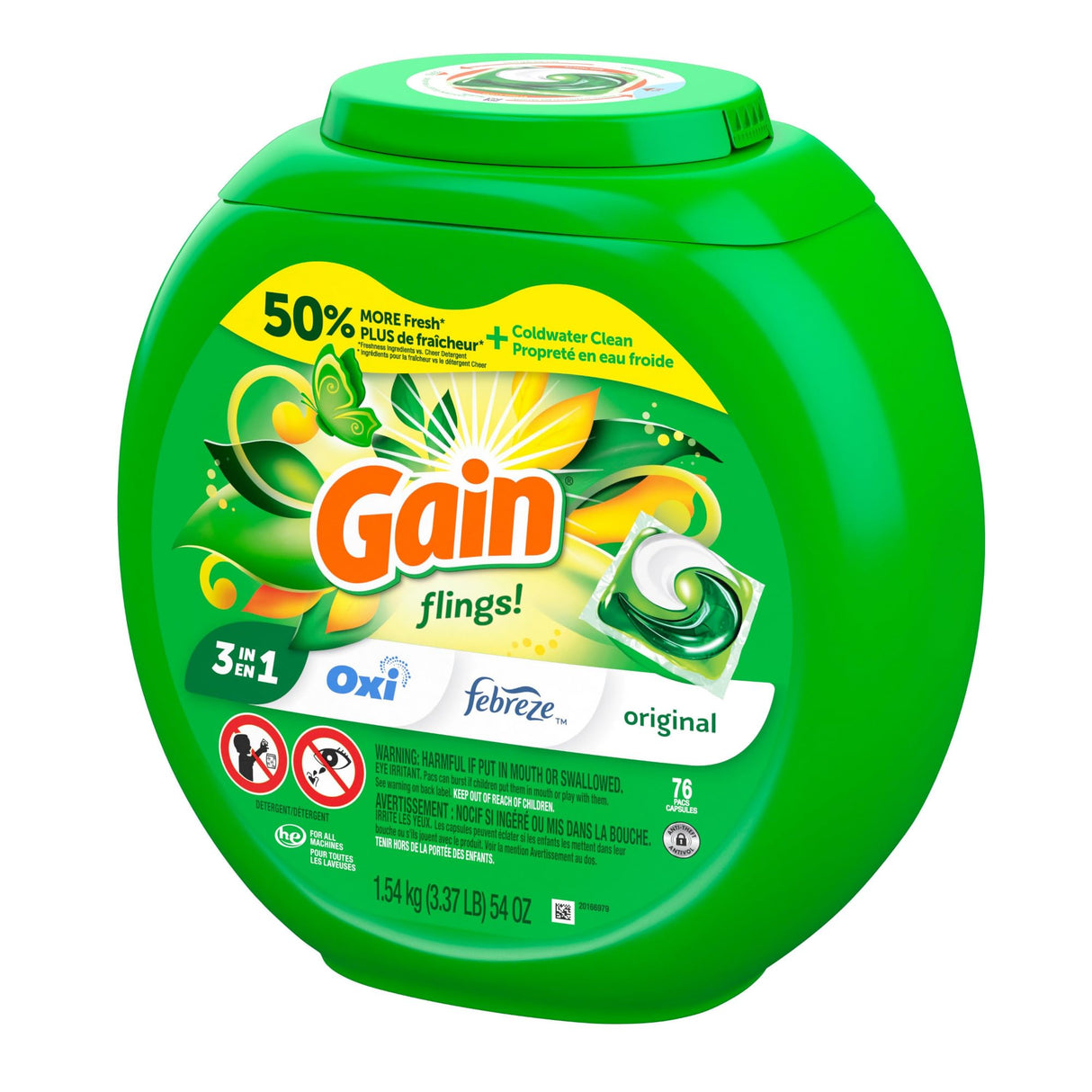 Gain flings Laundry Detergent Soap Pacs HE Compatible Long Lasting Scent, Original Scent, 76 Ct, Gain Laundry Detergent