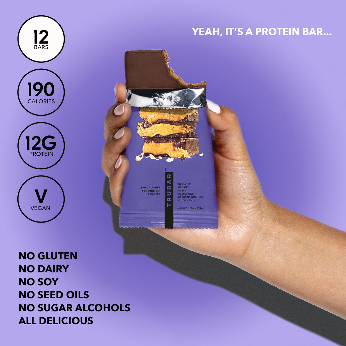 TRUBAR Vegan Protein Bar, Smother Fudger Peanut Butter, Gluten Free, Plant Based, High Fiber, Dairy Free, Low Fat, No Sugar Alcohols, 12G Lean Protein, 13G Fiber, Healthy Snack Bars, 12 CT