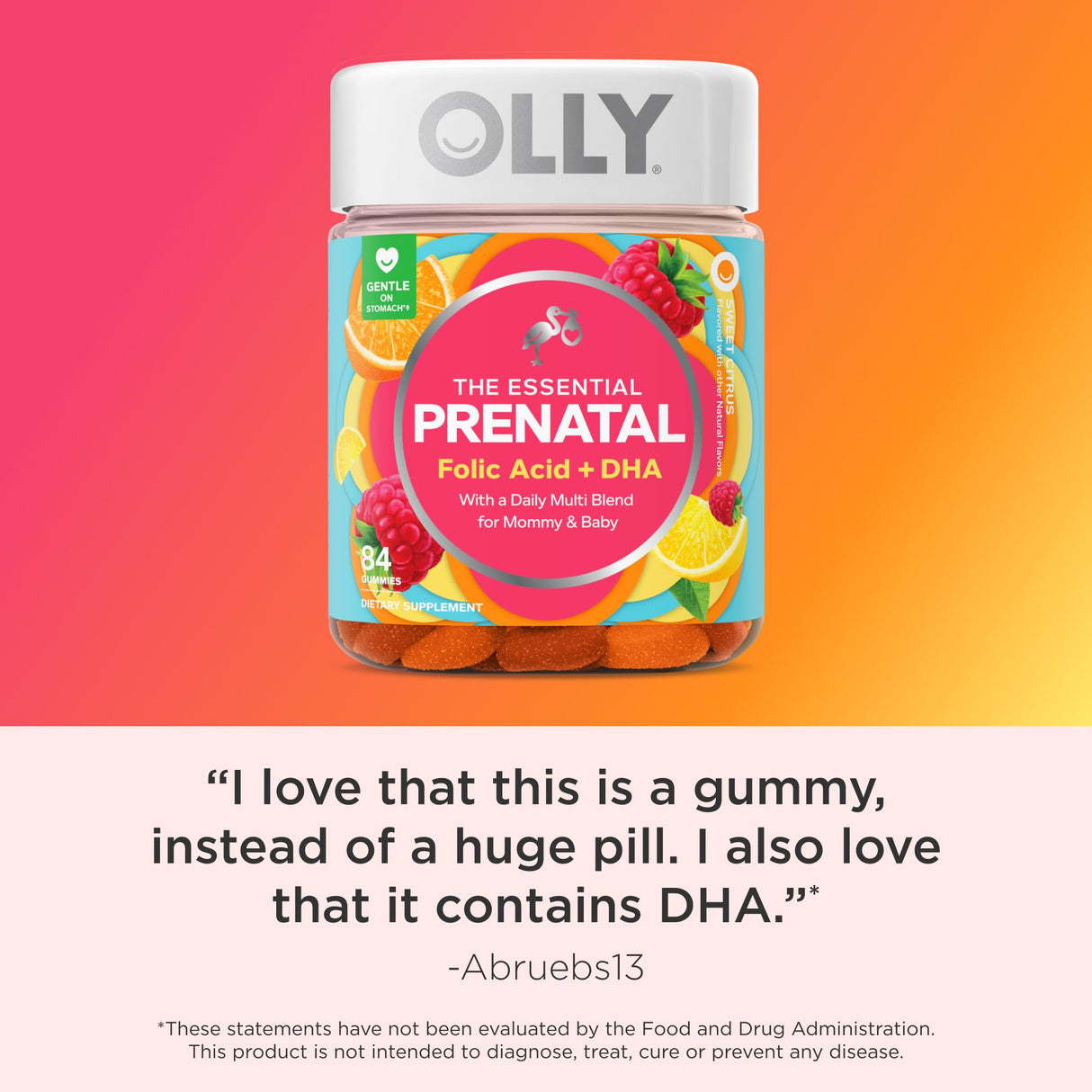 OLLY Essential Prenatal Gummy Multivitamin, Folic Acid, Vitamin D, Omega 3 DHA, Supports Healthy Growth and Brain Development, Citrus Berry - 84 Count