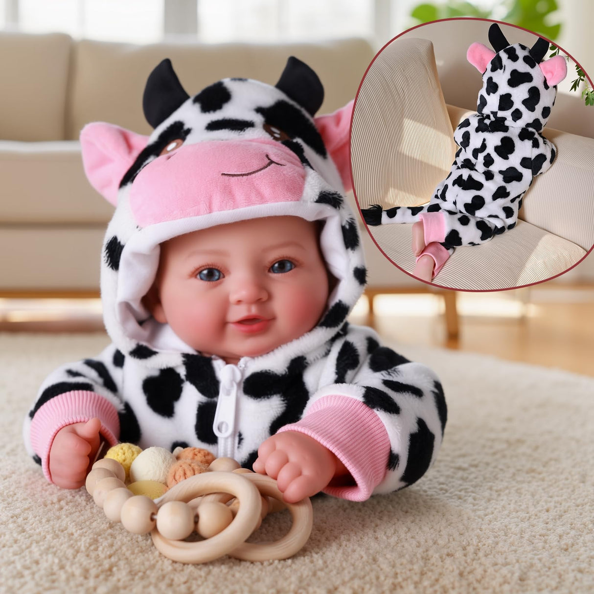 BABESIDE Baby Doll Girl - 17-Inch Soft Body Realistic Baby Doll with Blue Eyes and Cow Outfit Real Life Baby Dolls for 3 4 5 6 7 8 9 Years Girl Birthday Gifts, Pretend Play, Christmas & Collection