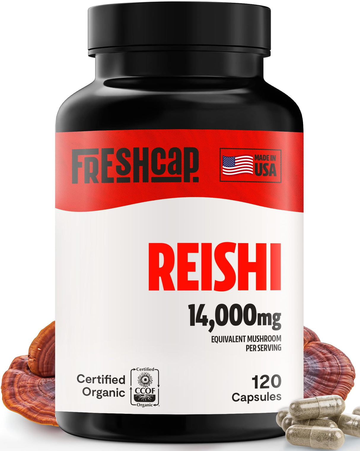 FreshCap Mushrooms Reishi Mushroom Supplement 14,000mg - Reishi Mushroom Capsules Extract, Supplements Herbal Supplements, Ayurveda Nootropic Red Reishi Supplement (120 Capsules)