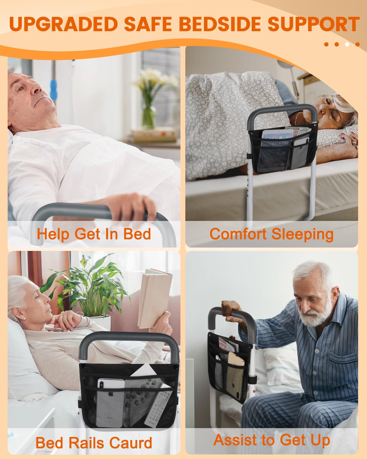 Bed Rails for Elderly Adults Safety - Adjustable Bed Assist Rail for Seniors - Stable Bed Side Rails Handle Support Bar Bed Guard Rails with Storage Bag & Fixing Strap, Fit King Queen Full Twin Bed