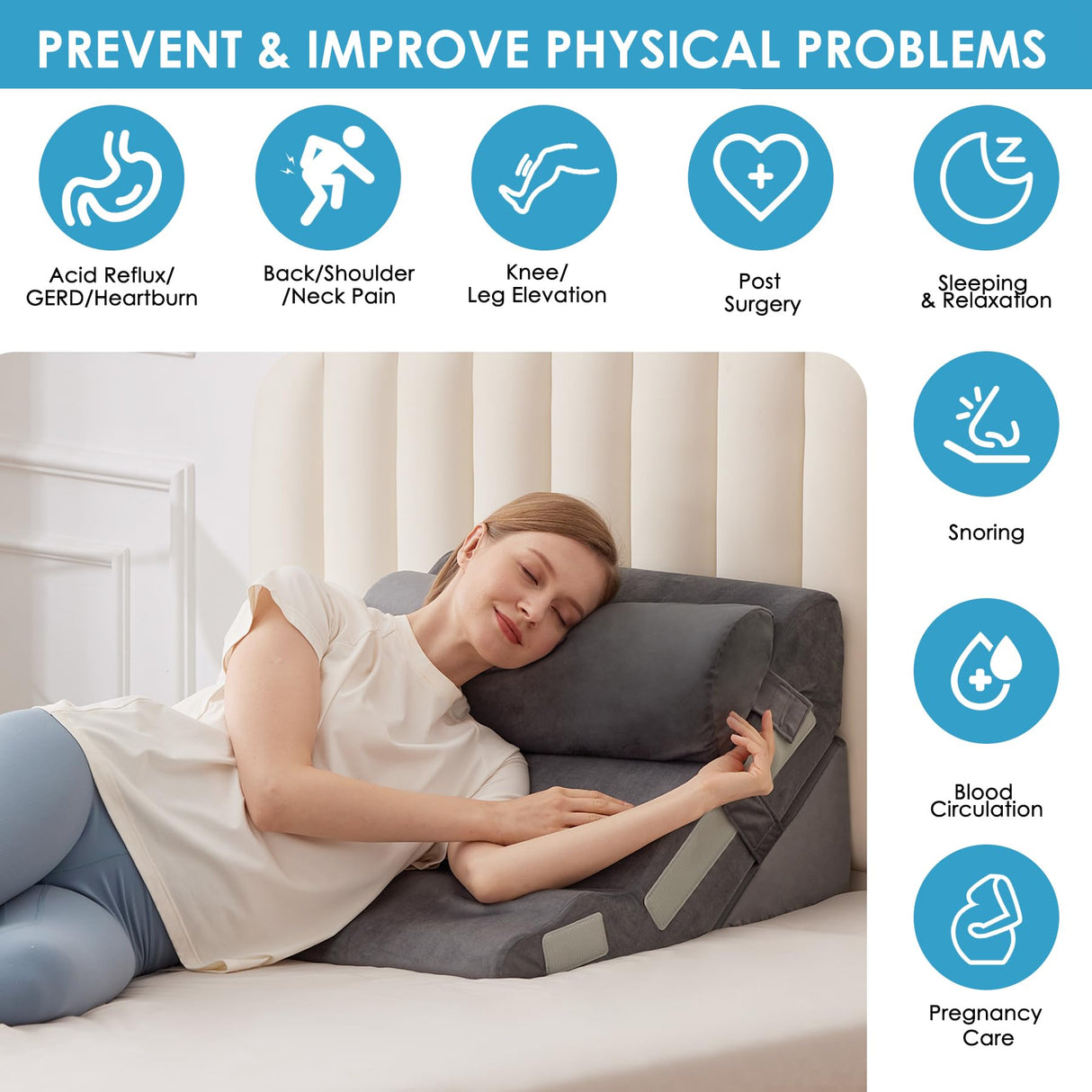 MEGCXIT 3PCS Bed Wedge Pillow for Headboard, 10-in-1 Adjustable Foam Wedge Pillow for Acid Reflux Relief, 23” Wide Triangle Pillow Wedge for Post Surgery, Back Pain Relief & Snoring, Grey