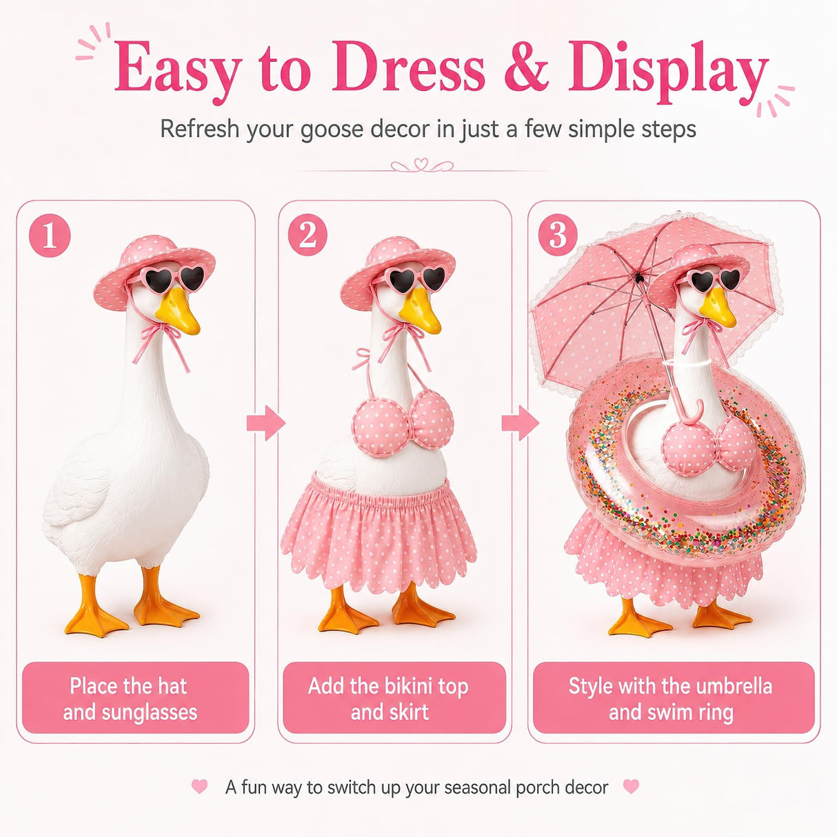 DaGailen Summer Porch Goose Outfits 23 Inch, Pink Polka Dot Porch Goose Bikini Set with Parasol Umbrella, Swim Ring, Sun Hat and Heart Sunglasses, Porch Goose Accessories for Yard Garden Patio Decor