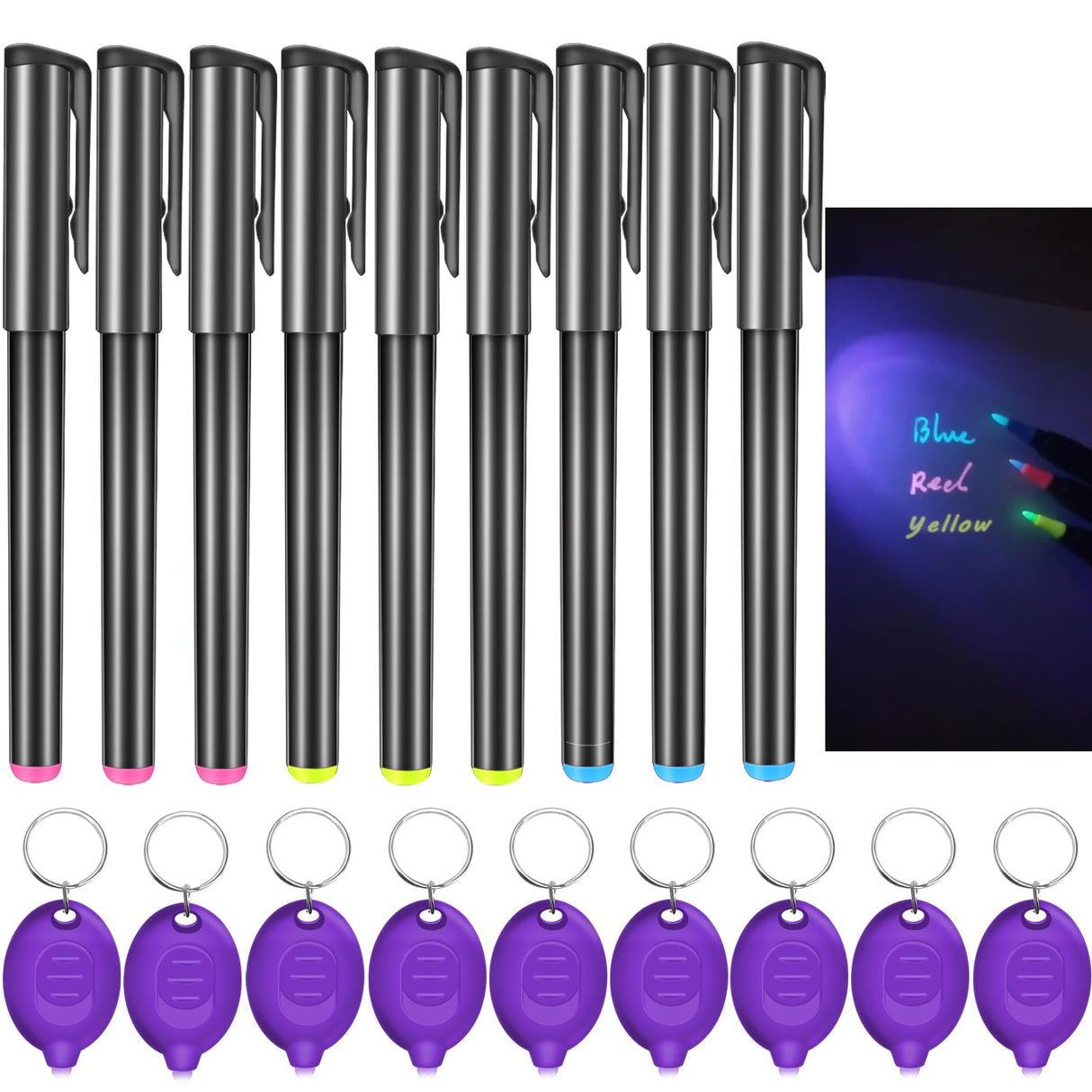 Daemson Invisible Ink Pen, Spy Pen with 9 PCS Mini UV LED Keychain Flashlight, Disappearing Ink Magic Pens with Black Light Markers for Secret Notes, Fit for Christmas Halloween Holiday Gifts (9 PCS)