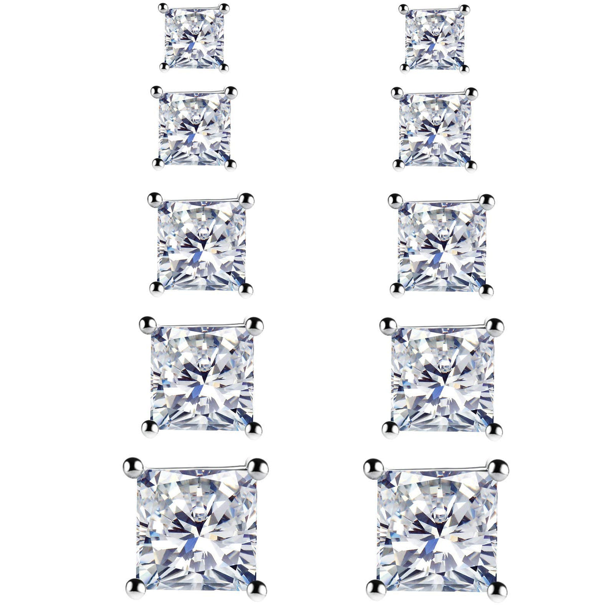 5 Pairs 925 Sterling Silver Square Stud Earrings for Women Men 3 4 5 6 7mm