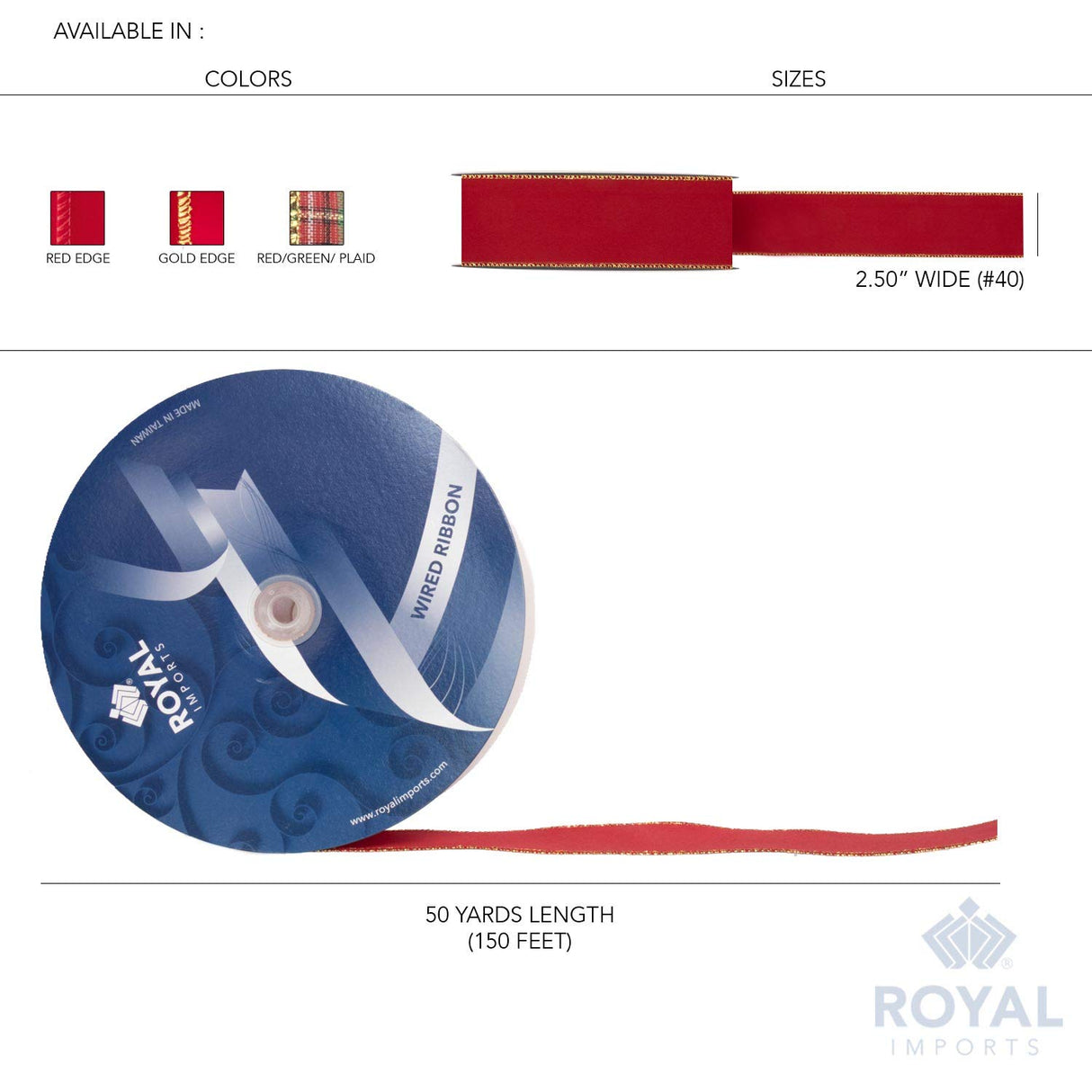 Royal Imports Wired Traditional Red Christmas Waterproof Ribbon, Floral & Craft Decor - 2.5" (#40) - 50 Yd (150') - Red w Red Edge