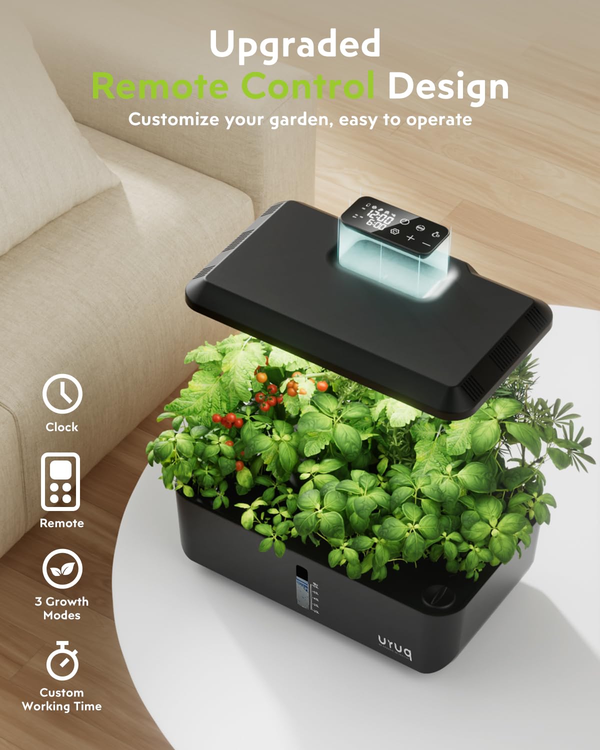 URUQ 12 Pods Hydroponic Growing System Grow Light Remote Control Charcoal