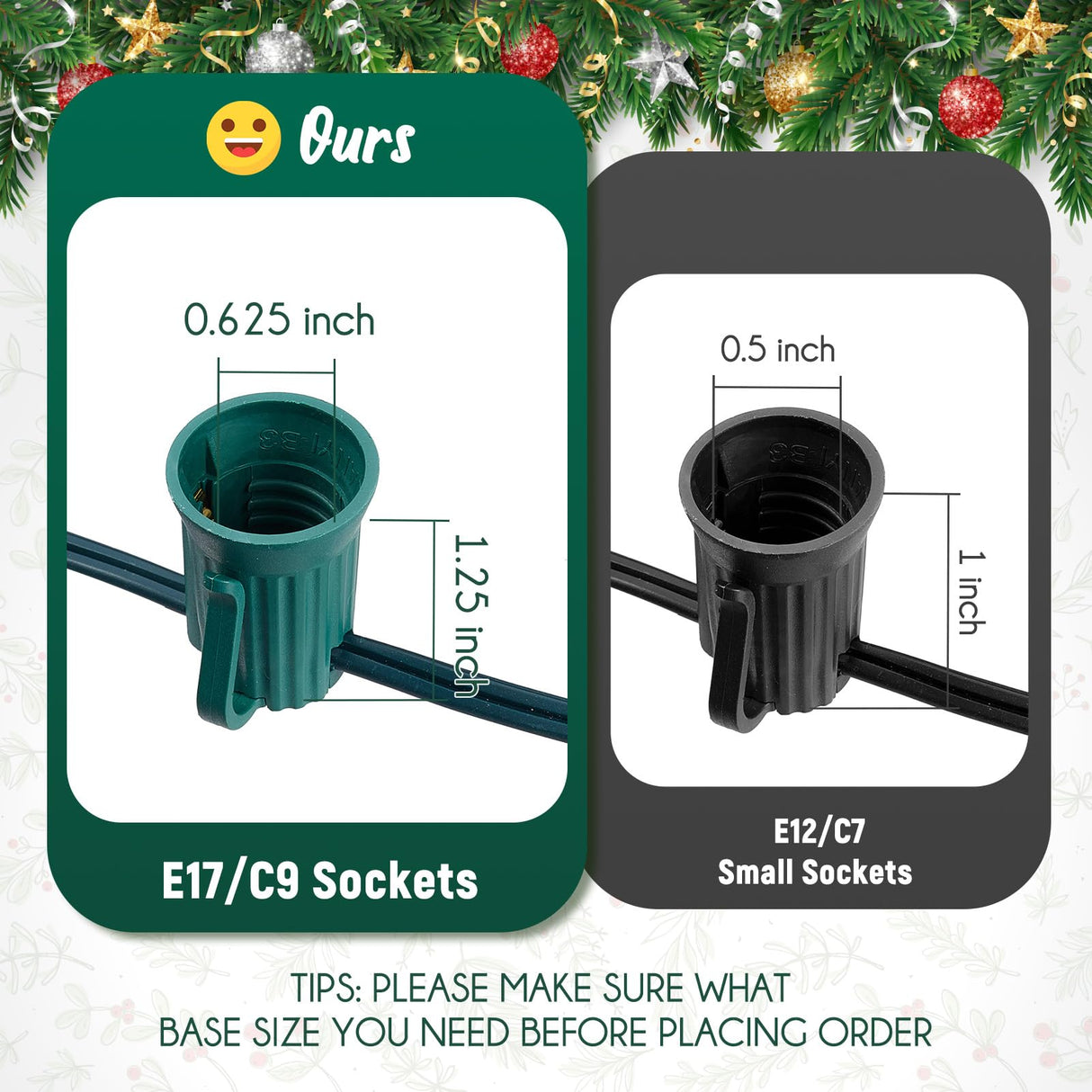 Brightown C9 Light Strand, 100 FT Outdoor String Lights Christmas Stringer with 100 Sockets for Christmas Decor Patio, E17 Light Socket, 12 Spacing, Green Wire