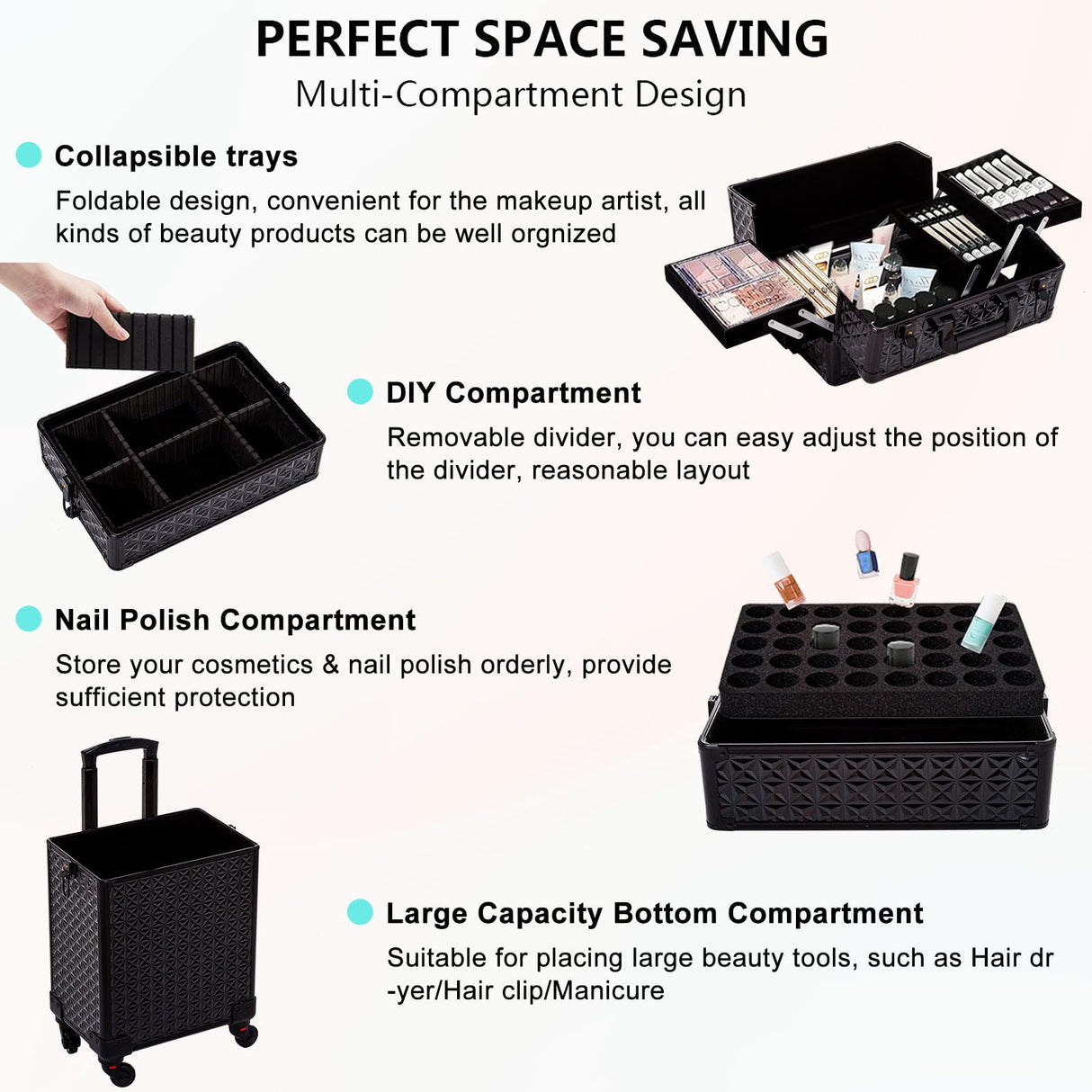 AROUS 5 in 1 Professional Makeup Train Case Aluminum Cosmetic Case Rolling Makeup Case Extra Large Trolley Makeup Travel Organizer, with 360° Swivel Wheels,Black