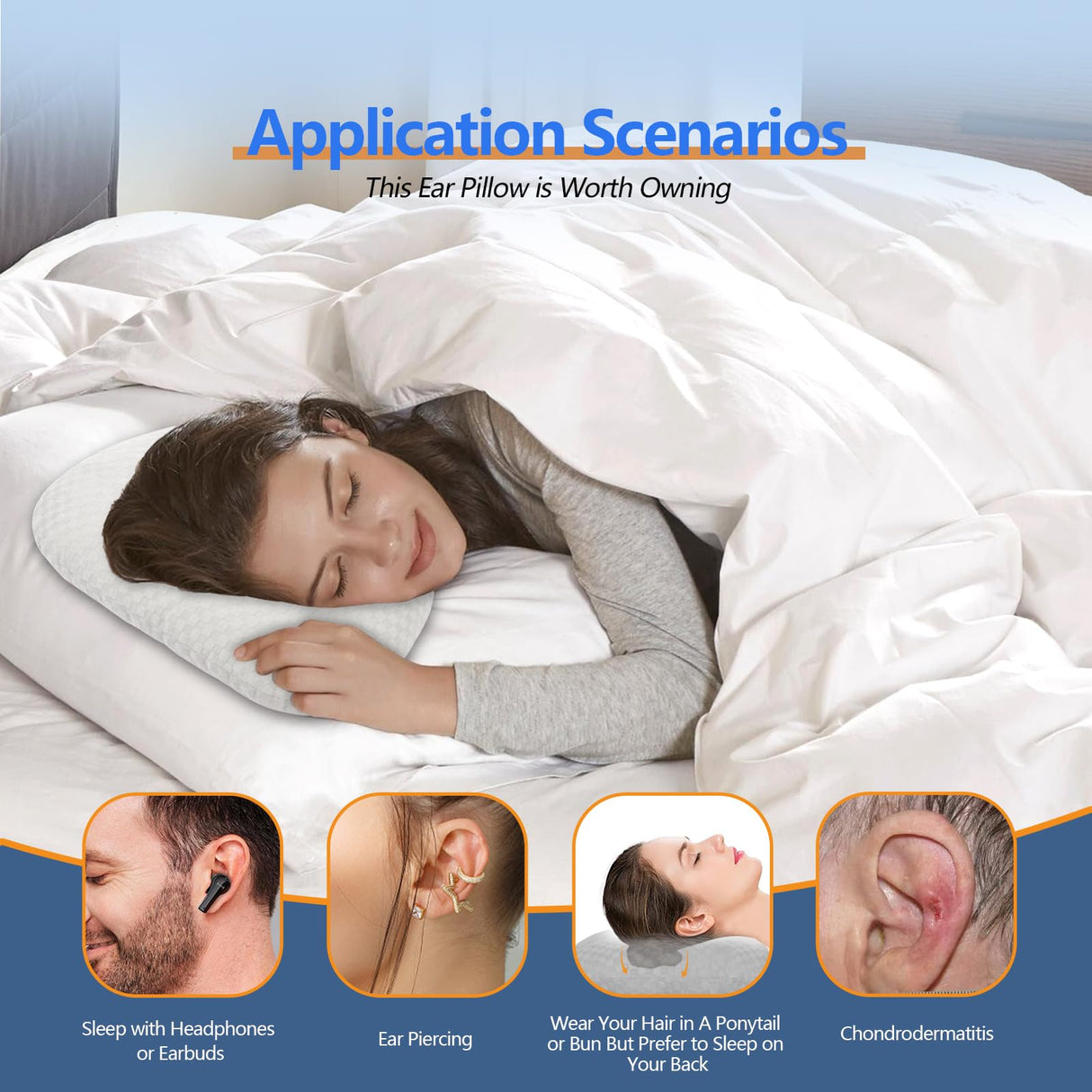 Ear Piercing Hole Pillows Side Sleeper Pillow with an Ear Hole for CNH Side Sleepers and Ear Inflammation Pressure Sores, Adjustable Cotton and Polyester Curved Side Pillow, White