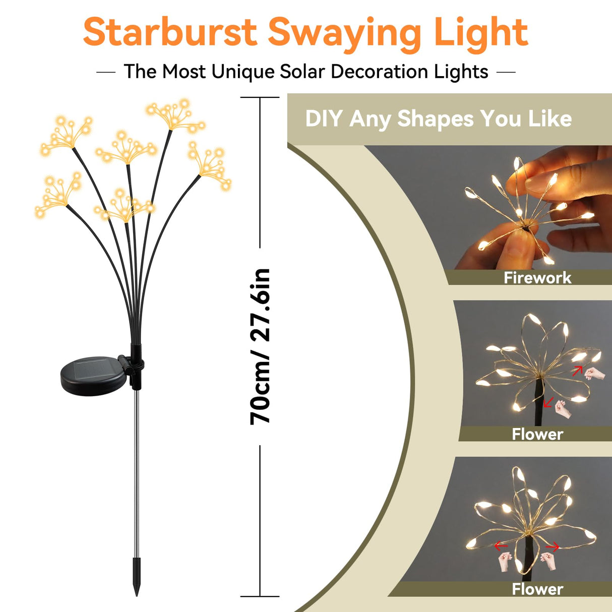 Solar Garden Lights 4 Pack Waterproof Solar Swaying Starburst Light Outdoor Lights for Yard Patio Walkway Pathway Party Wedding Christmas Decoration, Warm White