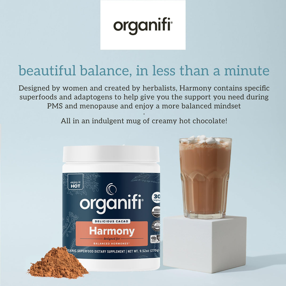 Organifi Harmony - Hormone Support - Eases PMS Symptoms - Energizes You - Regulates Menstrual Cycle - Best Served Hot - Gluten Free and Vegan Cacao Powder, 30 Servings