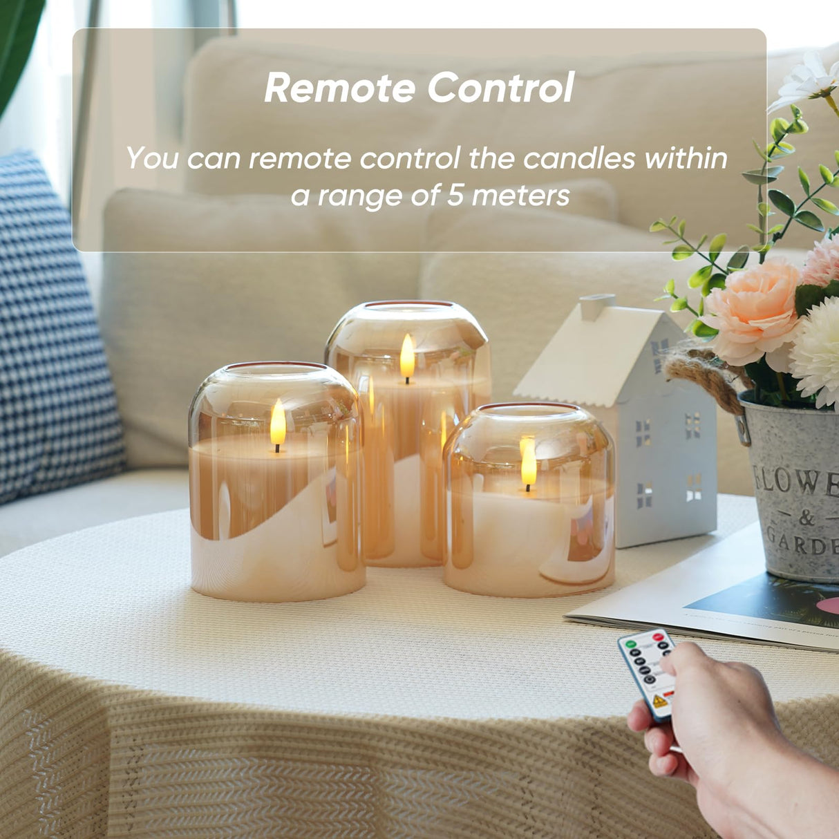 Homemory Glass Flameless Candles, Battery Operated Plliar Candles Realistic Flickering, LED Electric Light with Remote and Timer for Home, Christmas Decoration, Gold, Set of 3