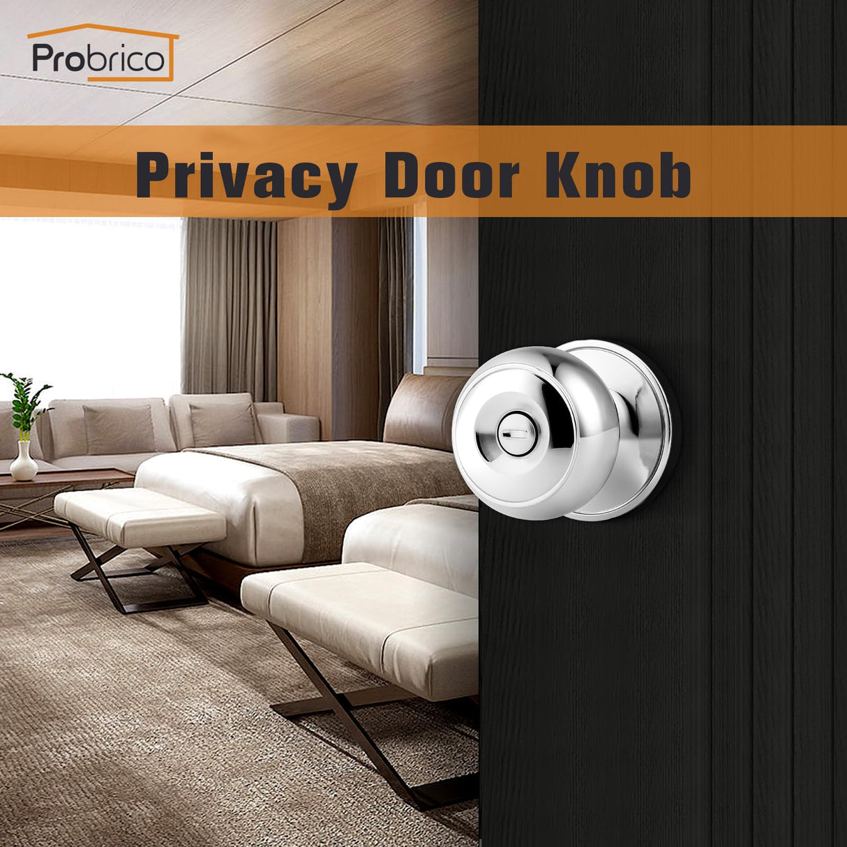 Probrico Polished Chrome Privacy Door Knob, Interior Door Lock for Bathroom Bedroom, Keyless Round Ball Knob Handle, Thumb-Turn Locking, 1 Pack