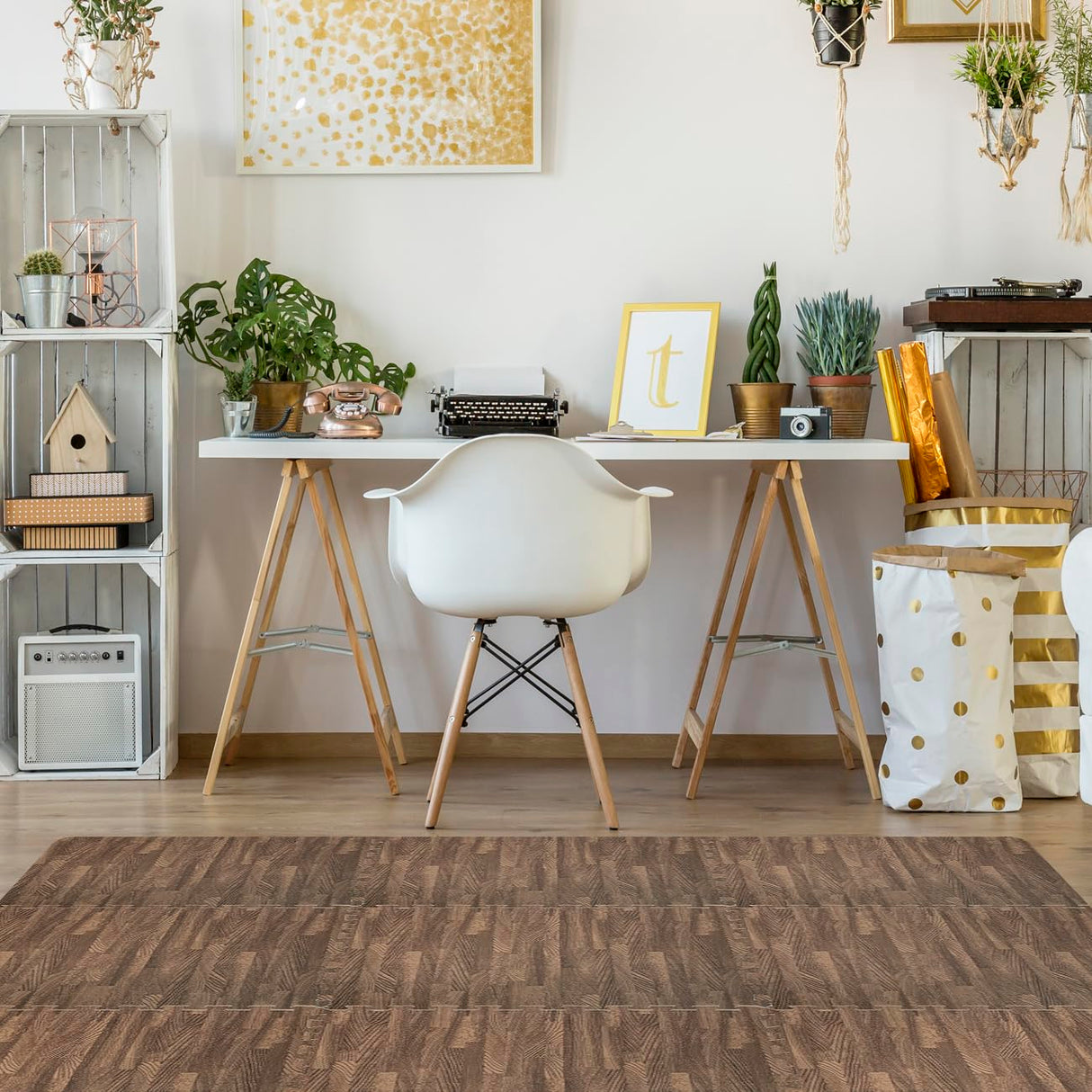 Sorbus 96 Sq. Ft. Wood Grain Floor Tiles Foam Mat EVA Interlocking Mats Tile 3/8-Inch Thick Flooring Wood Puzzle Exercise Mats w/Borders - Home Playroom Basement, Apartment, Trade Show, Baby, Dance