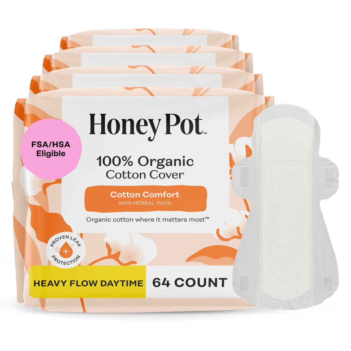 The Honey Pot Company - 64ct - Sanitary Pads for Women - Non-Herbal Heavy Flow Daytime w/Wings - Organic Cotton Cover & Ultra-Absorbent Core - Feminine Care - FSA & HSA Eligible