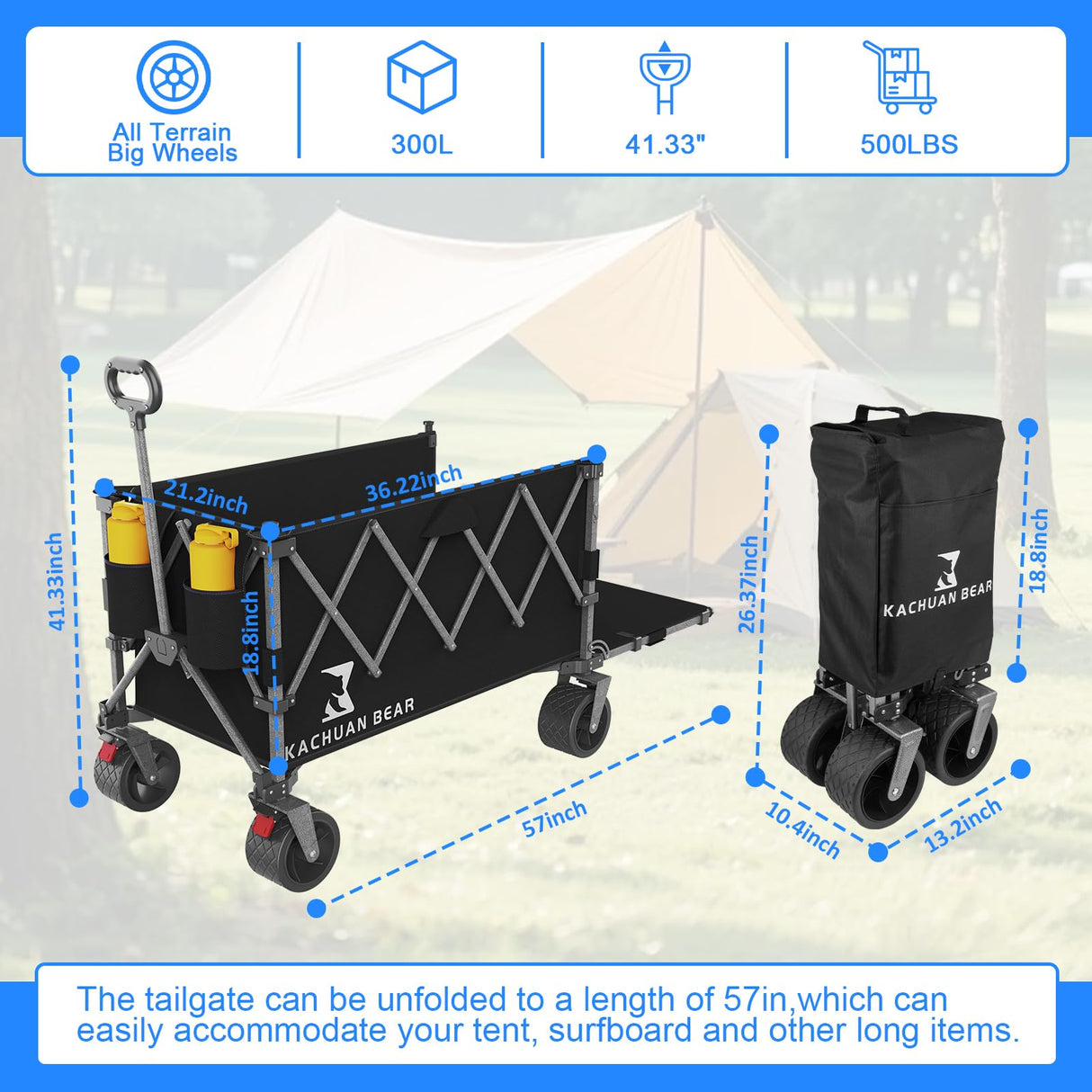 57" L Large Collapsible Foldable Wagon with Tailgate & Brake, 500LBS Heavy Duty Beach Wagons with All-Terrain Big Wheels, 300L Folding Utility Cart for Sand Garden Shopping Groceries Sports (Black)